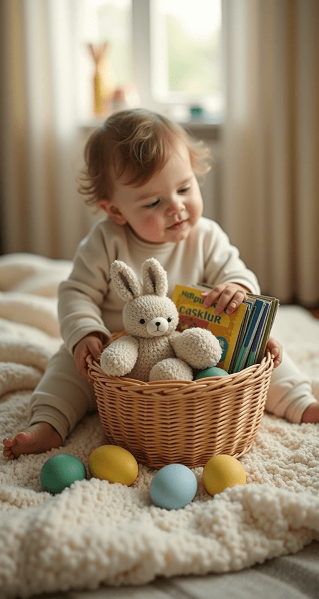Easter Basket Ideas That'll Make You the Holiday Hero (Without Breaking the Bank) A toddler's Easter basket scene viewed from child’s eye level, featuring a soft plush bunny, chunky wooden board books, large safety crayons, colorful plastic bath toys, wooden stacking rings, and fabric Easter eggs arranged on a cream knit blanket, all illuminated by warm amber morning light filtering through soft curtains, showcasing a muted color palette of sage, butter yellow, and soft coral in a lifestyle documentary style.