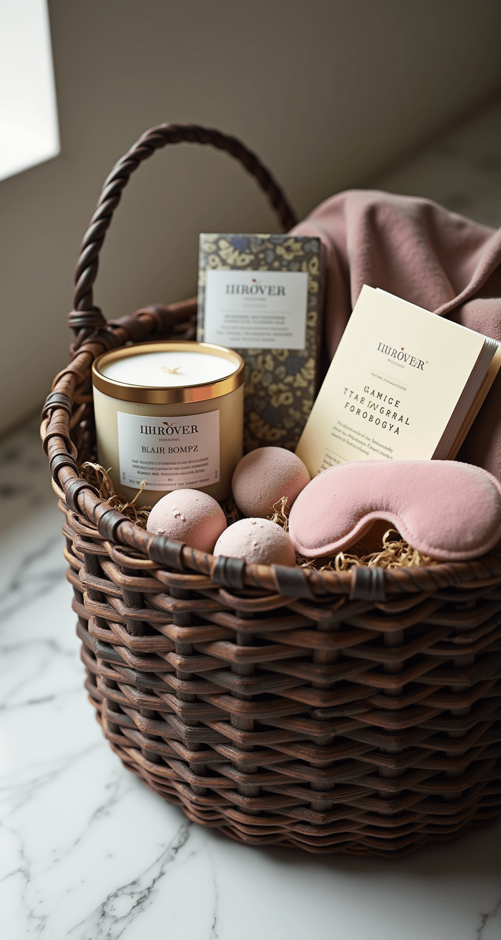 Easter Basket Ideas That'll Make You the Holiday Hero (Without Breaking the Bank) A beautifully styled adult self-care Easter basket on a marble countertop, featuring luxe wellness items such as a lavender candle, organic bath bombs, silk eye mask, gourmet herbal tea collection, leather-bound journal, rose quartz facial roller, and premium hand cream, all arranged in a dark woven rattan basket with leather handles, bathed in soft dramatic lighting with a monochromatic palette of dusty rose, cream, and sage green.