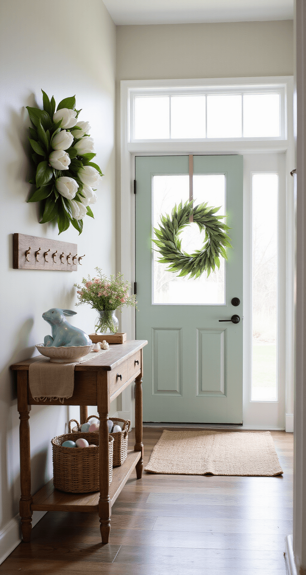 Easter Decor That'll Make Your Home Feel Like Spring Exploded (In the Best Way) A modern farmhouse entryway with a light sage green door adorned with a white and green tulip wreath, featuring soft natural light, a reclaimed wood console table with an iridescent bunny figurine, pastel eggs in a woven basket, and spring flowers in a glass vase, complemented by a textured linen runner and brass hooks.
