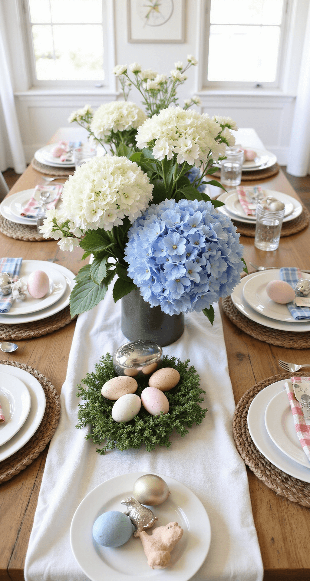 Easter Decor That'll Make Your Home Feel Like Spring Exploded (In the Best Way) A beautifully styled dining room tablescape featuring a blue hydrangea and white daisy floral centerpiece, hand-painted wooden eggs, and a metallic ceramic bunny, all arranged on a natural oak table with a white linen runner, accented by pastel checkered napkins and silver egg-shaped place card holders, illuminated by soft afternoon light.