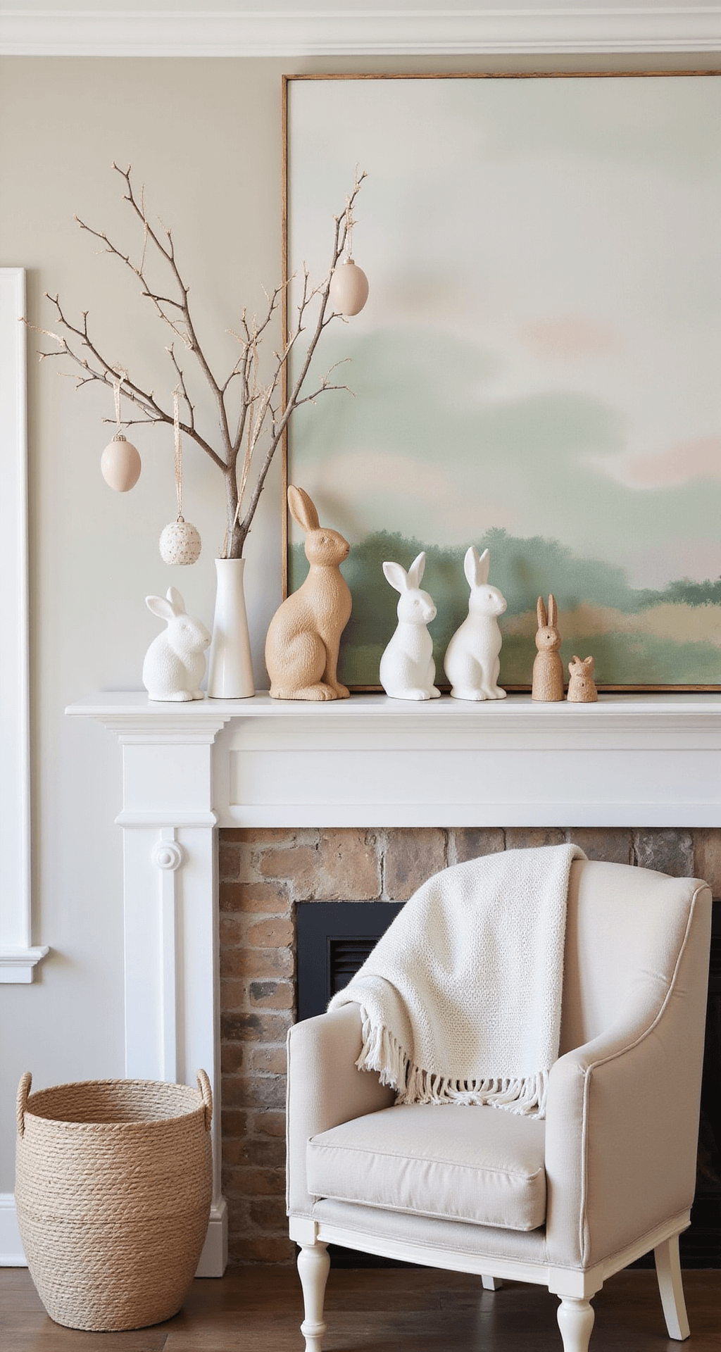 Easter Decor That'll Make Your Home Feel Like Spring Exploded (In the Best Way) A rustic living room mantel adorned with various ceramic and wooden bunny figurines in neutral tones, vintage white-painted branches with hanging decorated eggs, and an oversized abstract watercolor in soft sage and blush. A textured linen throw drapes over a nearby armchair, illuminated by morning light that casts gentle shadows, with intentional negative space creating a cohesive spring aesthetic.