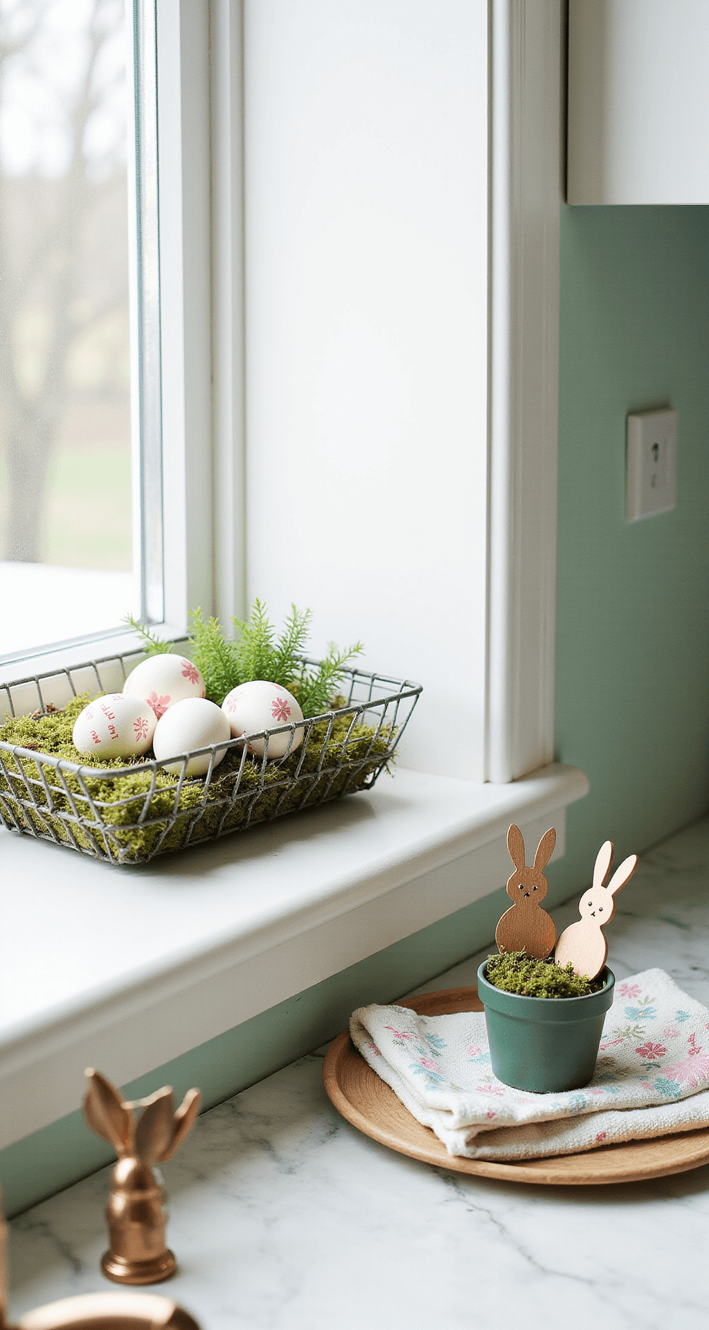 Easter Decor That'll Make Your Home Feel Like Spring Exploded (In the Best Way) A close-up shot of a kitchen windowsill vignette with a wire basket filled with moss and decorated eggs, alongside a small potted herb garden featuring bunny-shaped plant markers. The soft mint green wall and marble countertop provide a backdrop, complemented by copper accents. Spring-themed dish towels are folded nearby, with natural light highlighting the intricate details of the eggs and the organic styling.