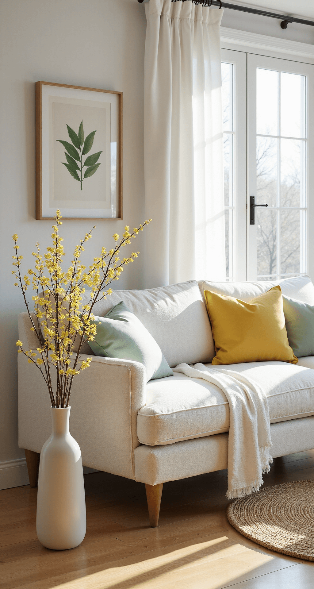 Spring Decor Ideas That'll Make Your Home Feel Like a Garden Party (Without the Bugs) Ultra-realistic interior scene featuring a sunlit living room with a textured white linen sofa, adorned with pale sage and buttercup yellow throw pillows. A tall ceramic vase with forsythia branches is placed by large French windows, with soft morning light filtering through sheer curtains onto hardwood floors. Subtle green botanical prints decorate the walls, while a woven jute rug anchors the seating area, creating a warm, inviting atmosphere with clean lines and natural textures.