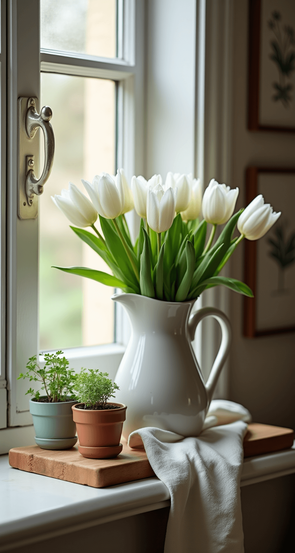 Spring Decor Ideas That'll Make Your Home Feel Like a Garden Party (Without the Bugs) Intimate kitchen vignette showcasing a vintage ceramic pitcher filled with fresh white tulips, soft natural light highlighting a weathered wooden cutting board, small potted herb garden in mismatched terracotta pots, and a casually draped soft linen towel, all set against a blurred warm kitchen interior in a soft pastel color palette.