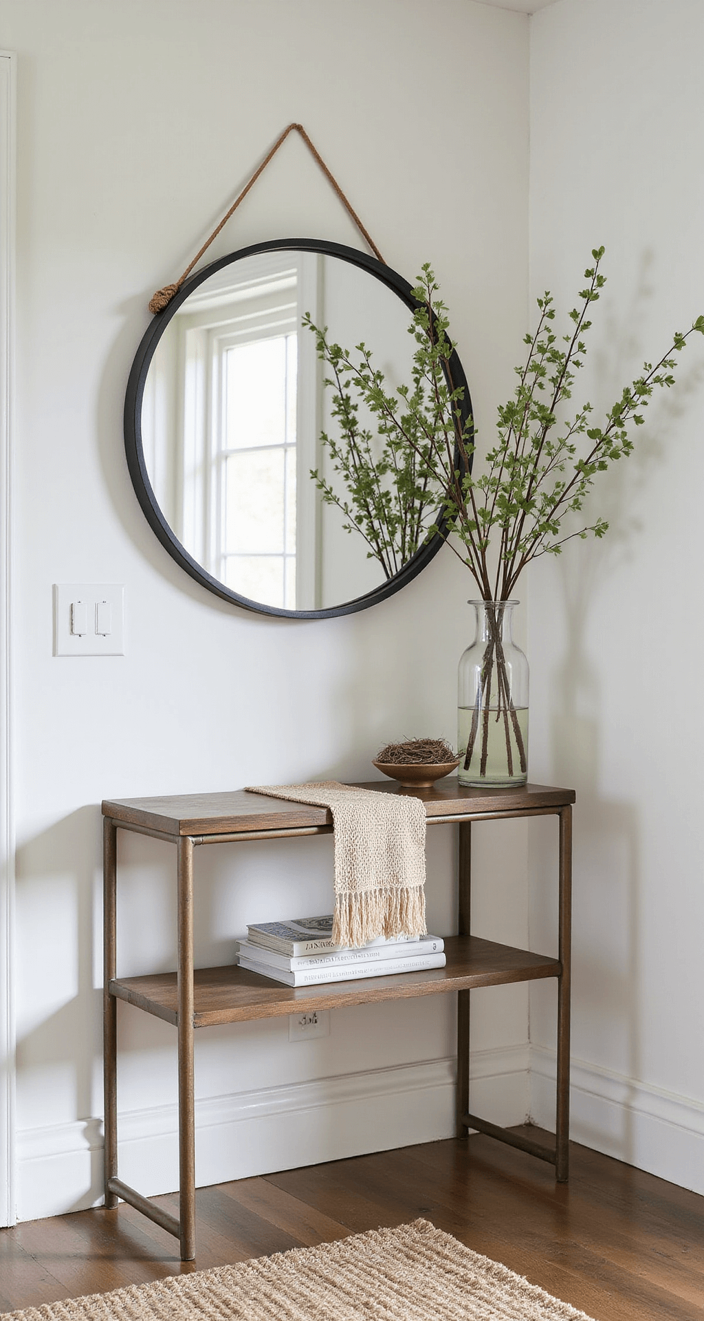 Spring Decor Ideas That'll Make Your Home Feel Like a Garden Party (Without the Bugs) Entryway styled with natural spring elements featuring a vintage brass-legged console table, a handwoven runner, a large round mirror, tall vase with pussy willow branches, and a ceramic dish with a bird's nest, all illuminated by soft morning light.