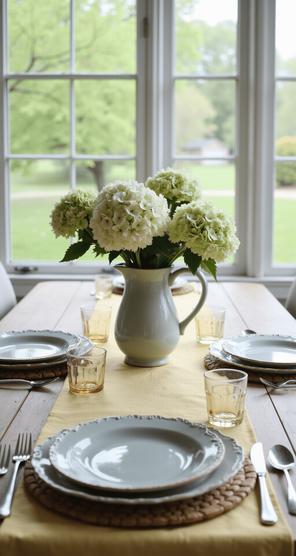 Spring Decor Ideas That'll Make Your Home Feel Like a Garden Party (Without the Bugs) Rustic farmhouse dining table decorated for spring with a pale buttercup yellow linen runner, a vintage ceramic pitcher filled with white and pale green hydrangeas, mismatched soft pastel plates, delicate glass votives and taper candles, natural wood charger plates, all bathed in soft diffused light from large windows with a blurred green garden view in the background.