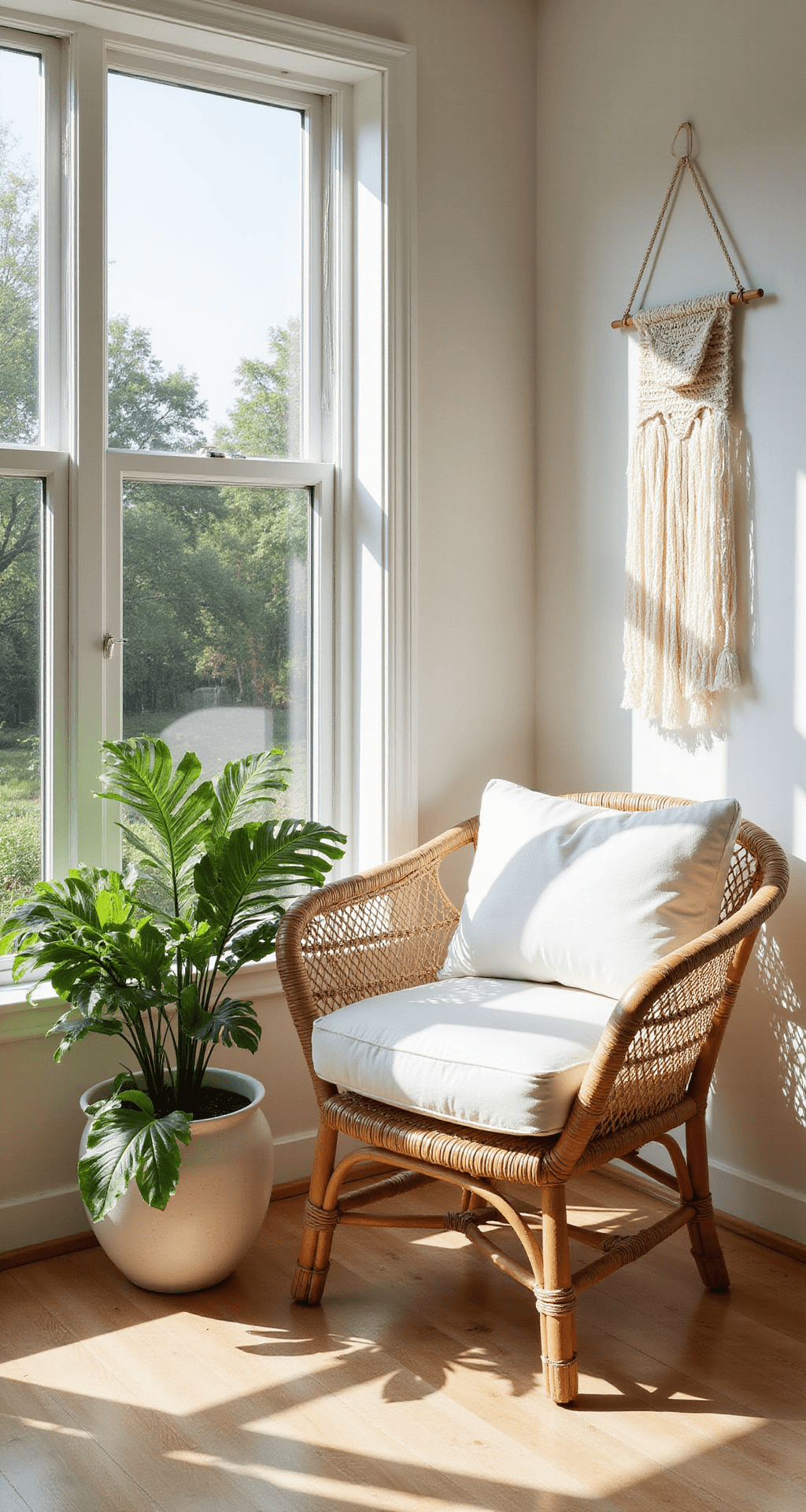 Spring Decor Ideas That'll Make Your Home Feel Like a Garden Party (Without the Bugs) Bright sunroom corner featuring a rattan armchair with white cushions, a large planter with trailing pothos and fern, and a macramé wall hanging. Floor-to-ceiling windows bathe the space in soft morning light, highlighting the textures of woven furniture and greenery.