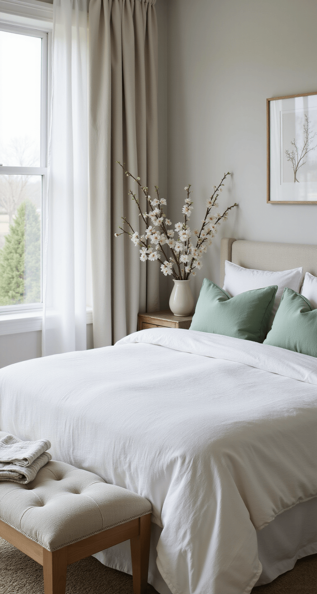 Spring Decor Ideas That'll Make Your Home Feel Like a Garden Party (Without the Bugs) A serene bedroom styled for spring, featuring a soft white linen duvet with a sage green accent pillow, a vintage wooden bench with a folded cotton throw, and a single cherry blossom branch in a tall glass vase, all bathed in soft morning light filtering through sheer curtains.