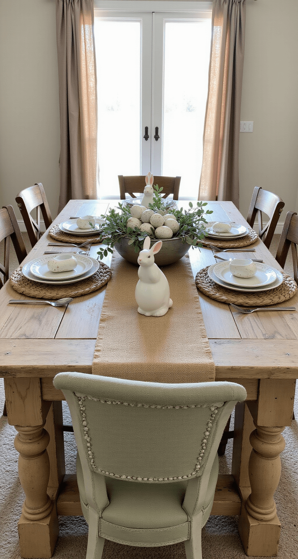 Easter Tablescapes That'll Make Your Guests Say "Holy Eggs, This Is Beautiful!" Rustic farmhouse dining room for Easter featuring a large wooden table adorned with a centerpiece of speckled ceramic eggs, eucalyptus branches, and white bunny figurines, complemented by distressed wooden chairs, galvanized metal accents, and a burlap table runner, all bathed in soft golden hour light.