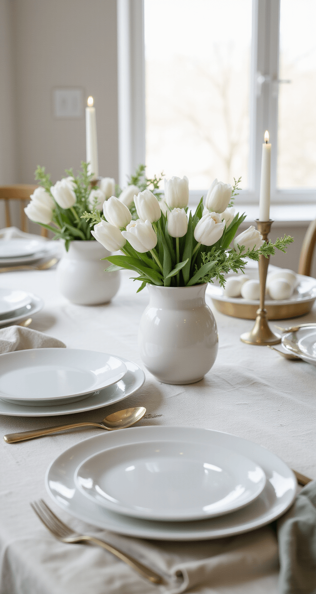 Easter Tablescapes That'll Make Your Guests Say "Holy Eggs, This Is Beautiful!" Minimalist Easter table setting featuring white porcelain dinnerware on a crisp linen tablecloth, a modern arrangement of white tulips and ranunculus in a sleek vase, soft sage green accents, and white ceramic eggs in a brass bowl, all illuminated by natural light with soft shadows.