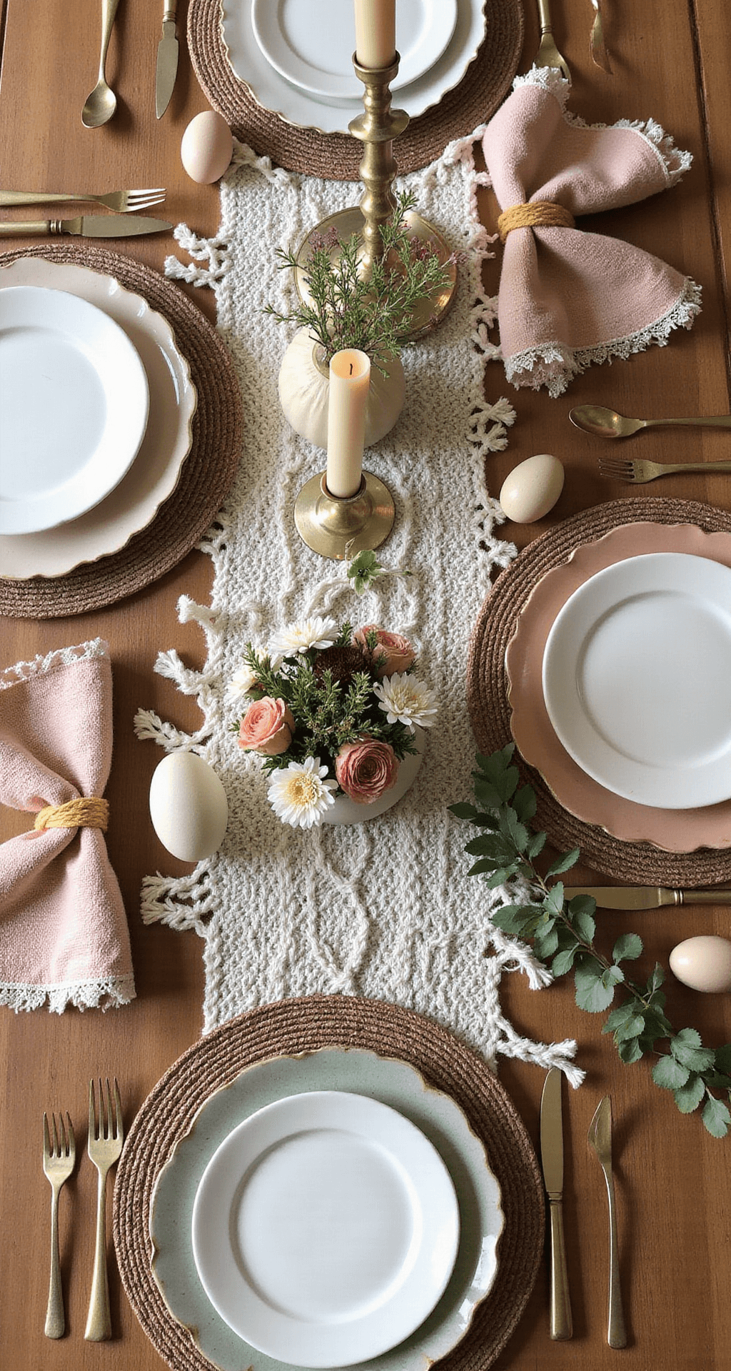Easter Tablescapes That'll Make Your Guests Say "Holy Eggs, This Is Beautiful!" Boho maximalist Easter tablescape featuring a macramé table runner, layered woven placemats in earth tones, mismatched pastel ceramic plates, brass candlesticks, dried flower arrangements, blush and terracotta lace-trimmed napkins, scattered ceramic and wooden eggs, and trailing greenery in a warm color palette of terracotta, sage, blush, and ivory, captured in soft, diffused natural light from an overhead angle.