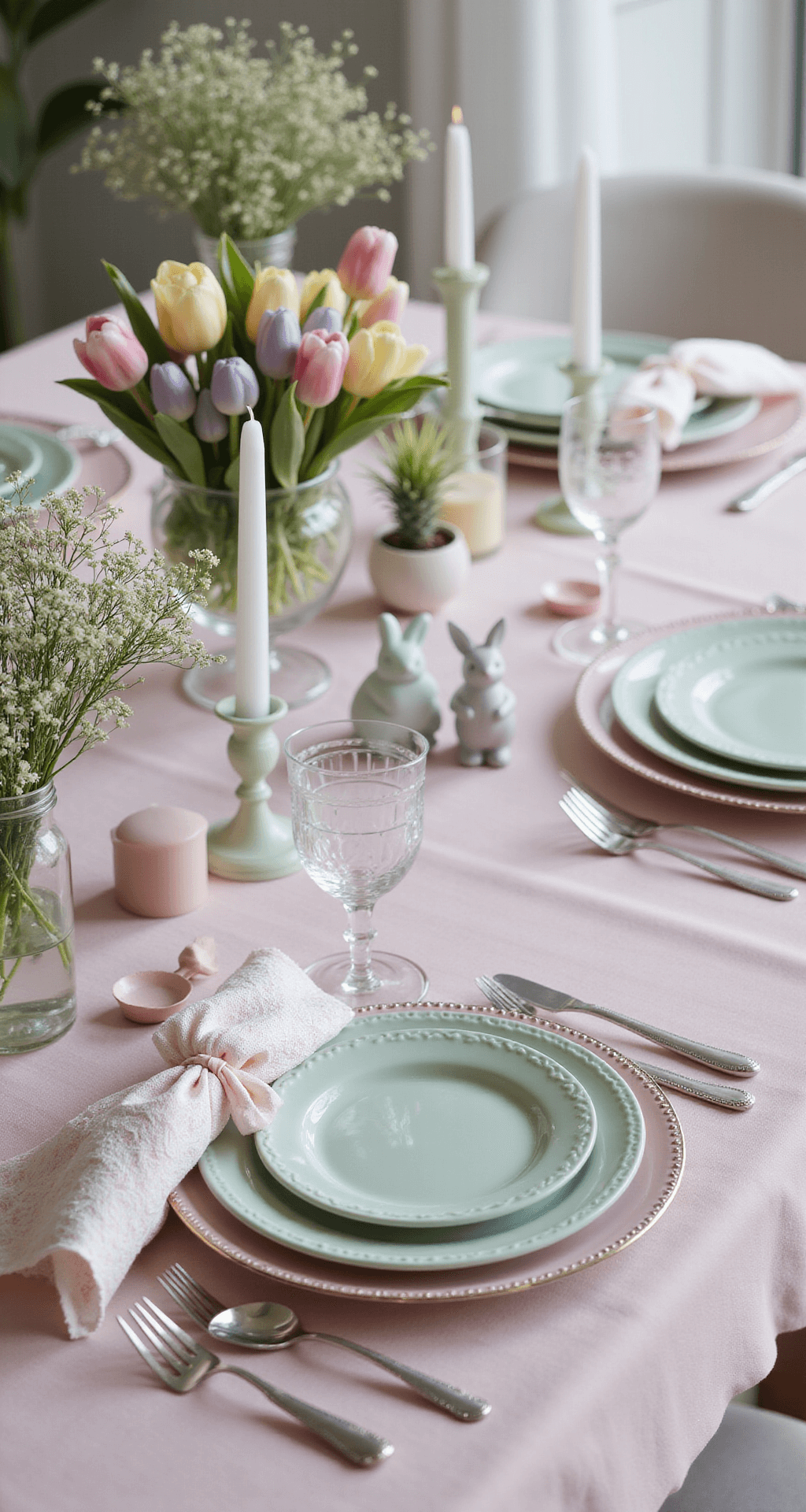 Easter Tablescapes That'll Make Your Guests Say "Holy Eggs, This Is Beautiful!" A whimsical Easter dining setup featuring a pastel color palette with a blush linen tablecloth, layered plates in mint green, lavender, and soft pink, a floral centerpiece of tulips and baby's breath, crystal glassware, silver flatware, and lace napkins tied with silk ribbons, all illuminated by soft, dreamy lighting.