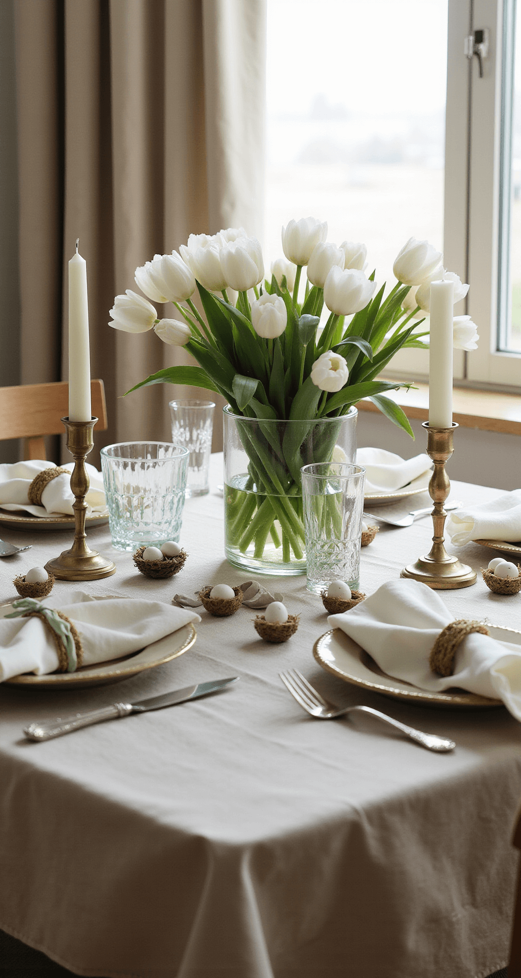 Easter Table Decorations That'll Make Your Guests Actually Want to Stay for Dessert A beautifully arranged Easter dining room featuring a soft morning light streaming through linen curtains, highlighting a detailed table with a white tulip centerpiece, natural linen tablecloth, cream napkins tied with sage ribbon, vintage brass napkin rings, quail eggs in ceramic nests, and soft candles, all captured in a low angle soft focus.