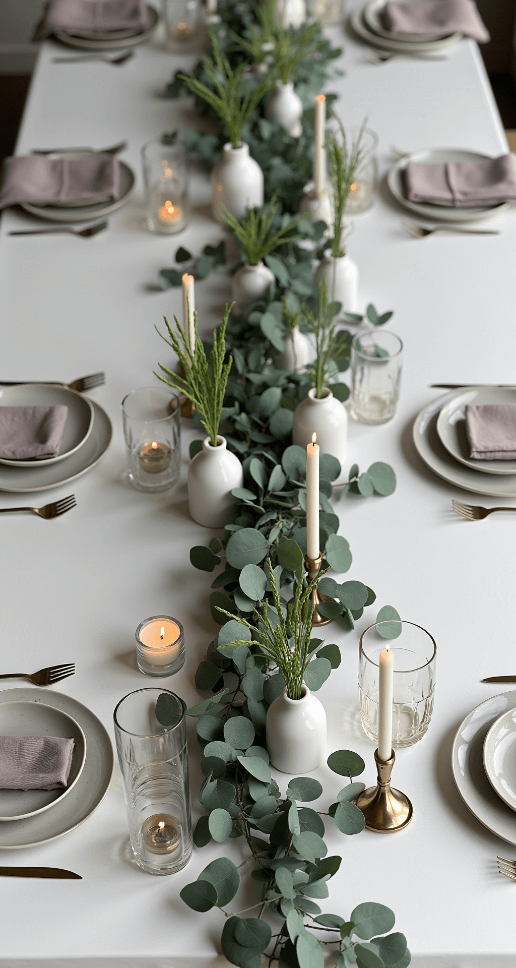 Easter Table Decorations That'll Make Your Guests Actually Want to Stay for Dessert Modern Easter tablescape featuring sleek white ceramic plates and a minimalist eucalyptus runner on a long dining table, adorned with delicate white porcelain bud vases, scattered votive candles, and brass accents, all under dramatic side lighting that highlights lavender and soft gray undertones in a cinematographic overhead view.