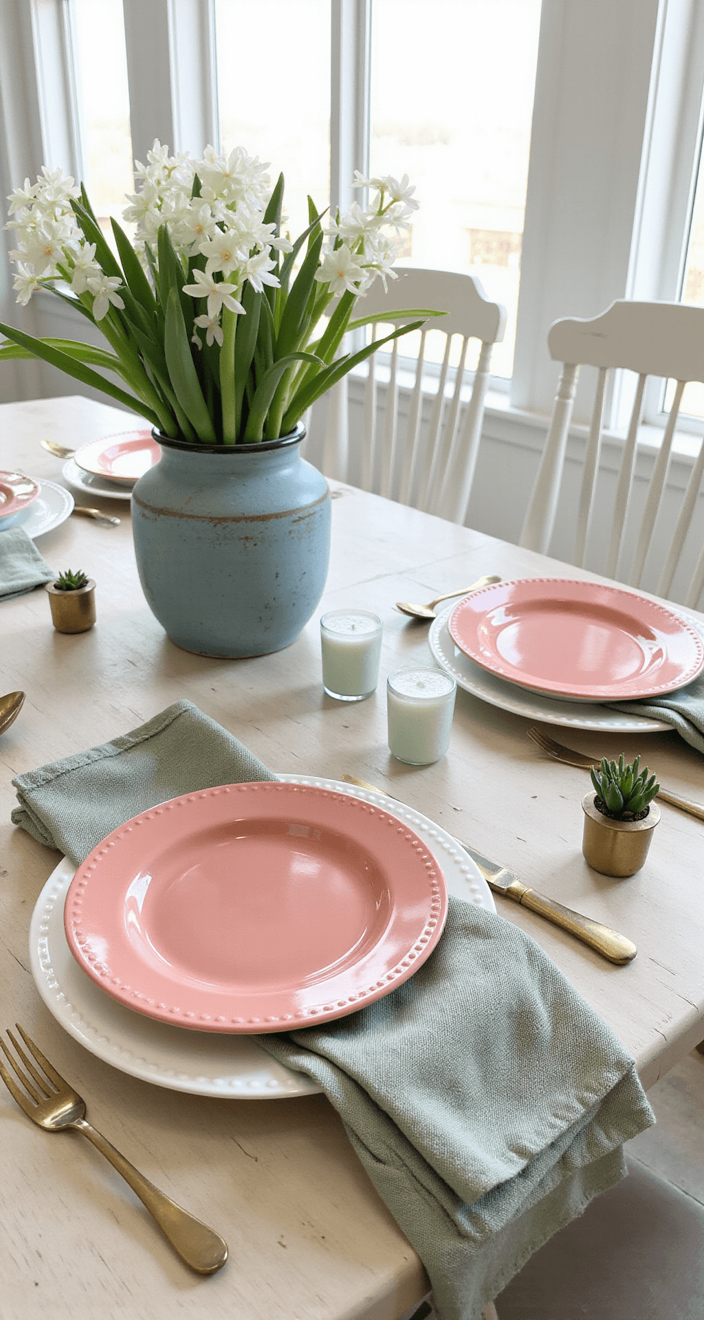 Easter Table Decorations That'll Make Your Guests Actually Want to Stay for Dessert Coastal-inspired Easter table setting featuring coral ceramic plates with sage linen napkins on a light driftwood table, a fresh hyacinth arrangement in a weathered blue vase, scattered sea glass votives, vintage brass napkin rings, and small potted herbs as place card holders, all bathed in soft natural light from large windows.