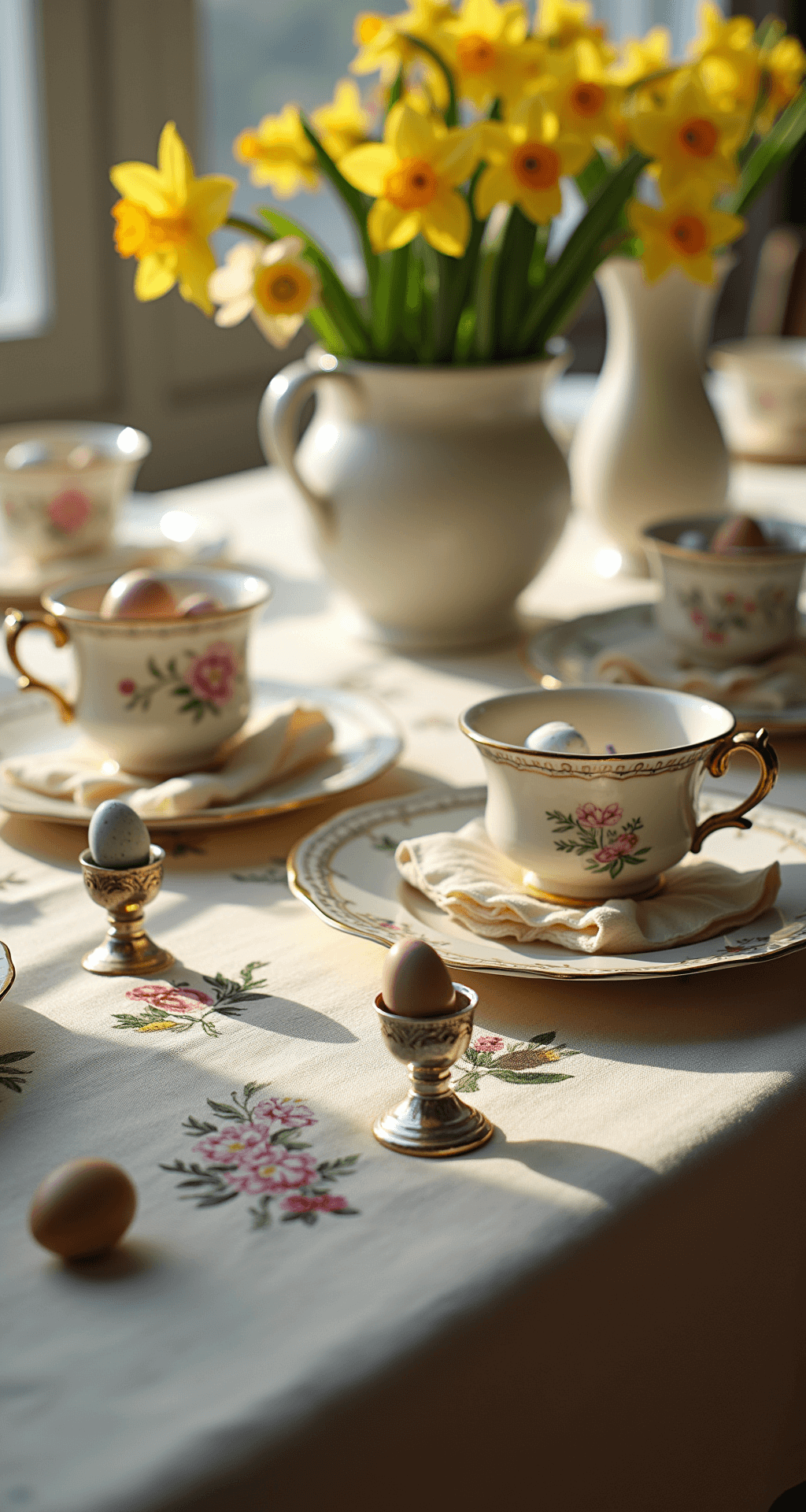 Easter Table Decorations That'll Make Your Guests Actually Want to Stay for Dessert A vintage Easter brunch setting featuring an antique embroidered linen tablecloth, mismatched teacups with napkins, hand-painted egg place cards, scattered quail eggs in silver egg cups, and fresh daffodils in bud vases, all illuminated by warm morning light.