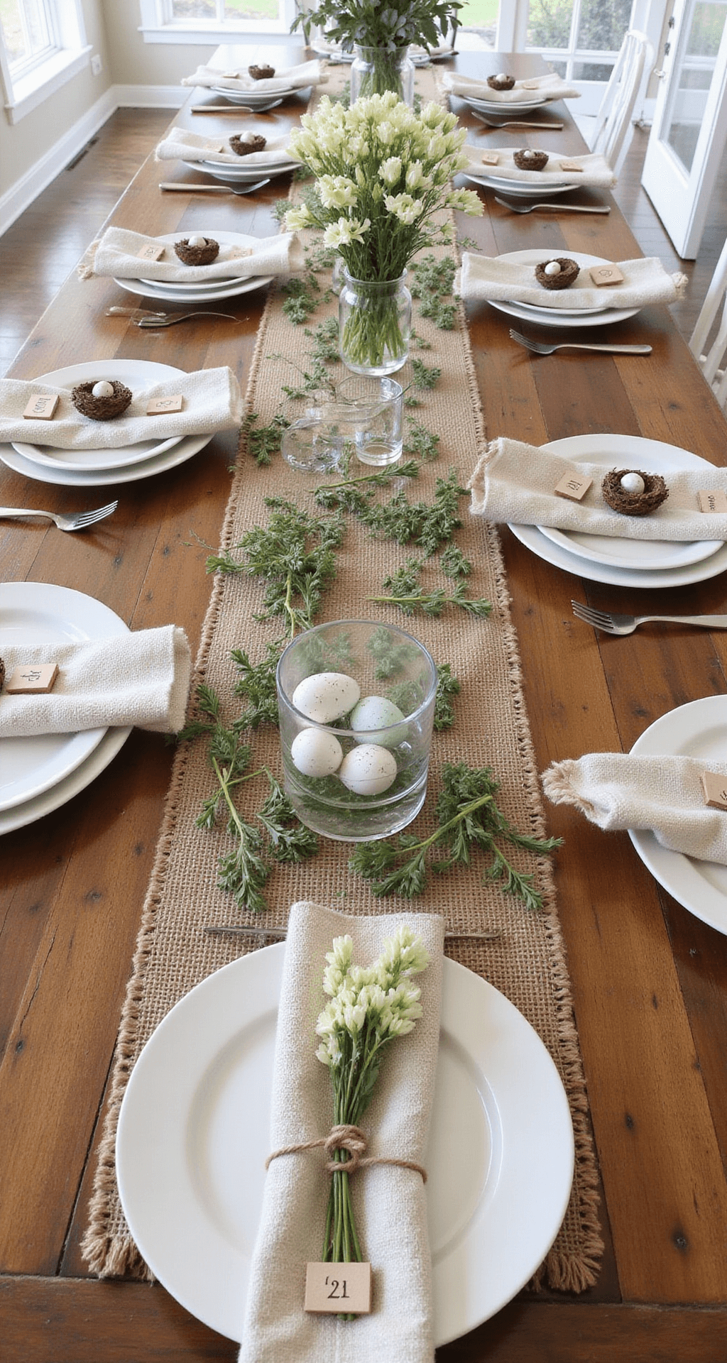 Easter Table Decorations That'll Make Your Guests Actually Want to Stay for Dessert A rustic farmhouse table set for Easter, featuring a burlap runner with greenery, white ceramic plates, twine-wrapped napkins with wooden name tags, floating flower heads in glass bowls, and tiny nests with speckled eggs, all illuminated by soft, diffused natural light.