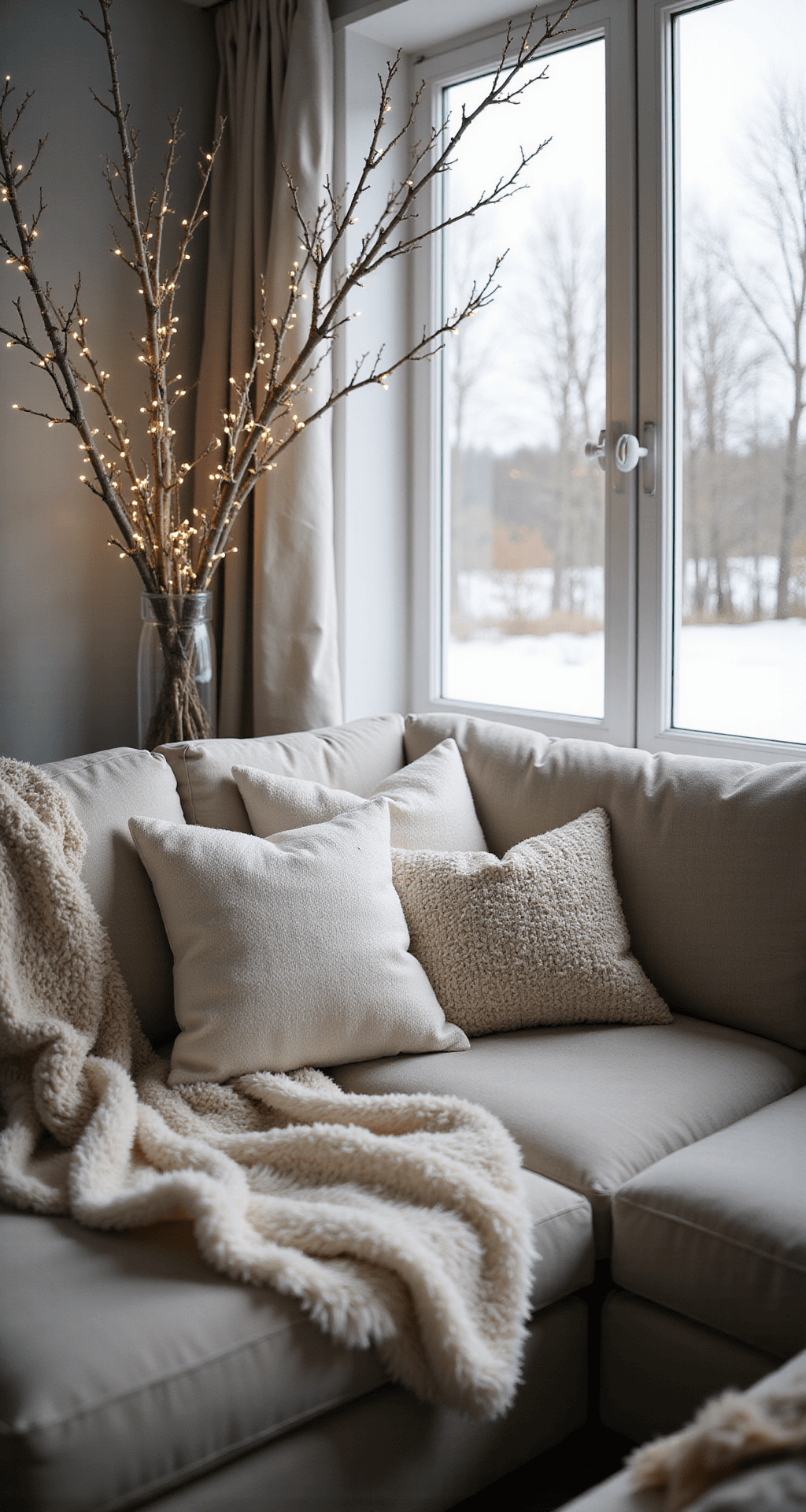 How I Transform My Home for Winter (Without a Single Christmas Ornament in Sight) Serene winter living room with slate gray walls, a taupe linen sofa adorned with creamy white throw pillows, and large windows revealing a muted winter landscape, featuring birch branches in a glass vase and soft LED fairy lights, layered throws, and warm candlelight.