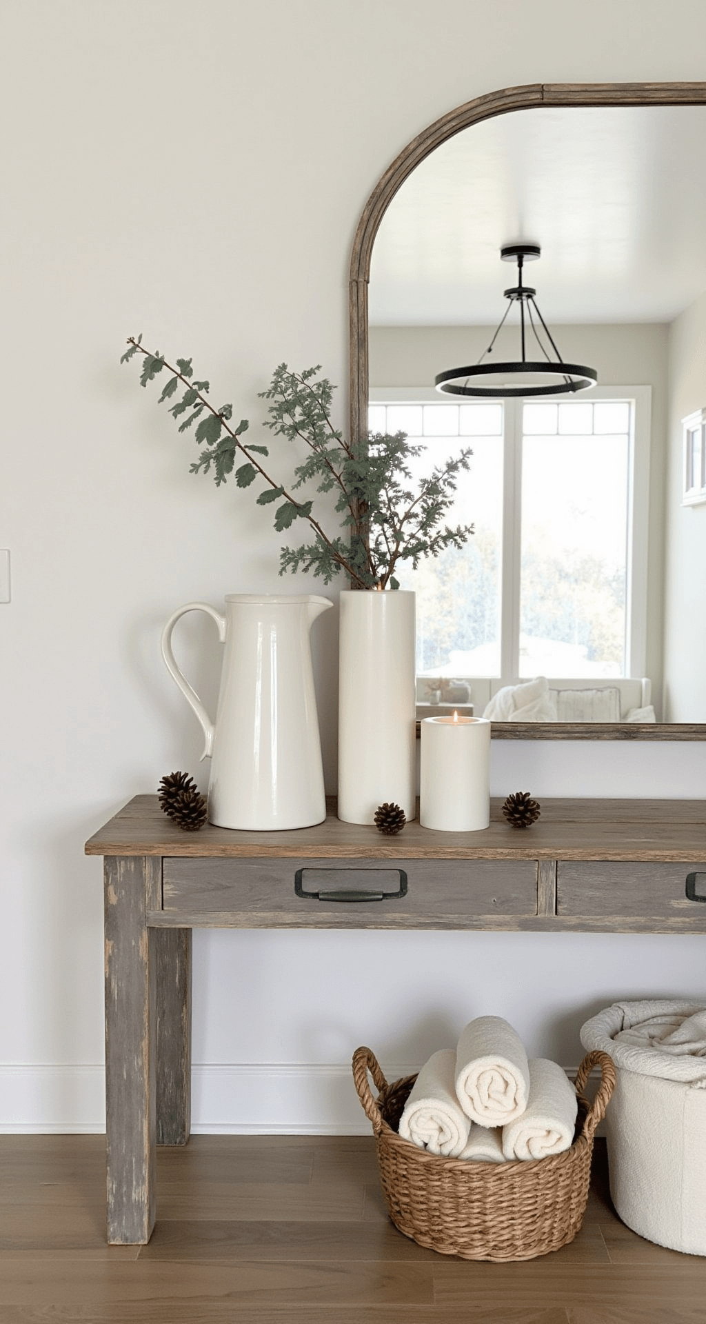 How I Transform My Home for Winter (Without a Single Christmas Ornament in Sight) A minimalist entryway console with a weathered wooden surface, featuring a vintage white ceramic pitcher, scattered pinecones, a delicate eucalyptus branch, and soft white pillar candles of varying heights. A natural woven basket holds rolled cream-colored towels, while warm ambient lighting from a nearby mirror reflects soft winter daylight, highlighting clean lines and neutral textures.