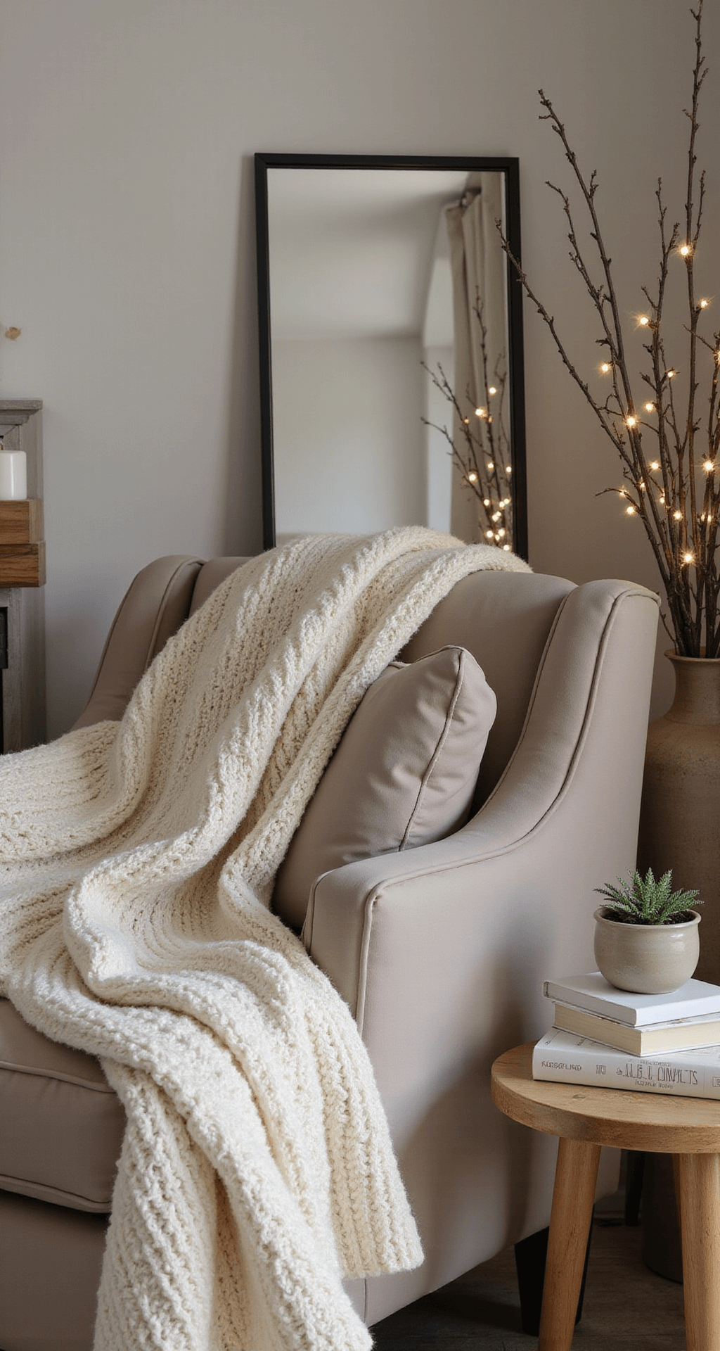 How I Transform My Home for Winter (Without a Single Christmas Ornament in Sight) Cozy bedroom corner featuring a taupe velvet armchair draped with a chunky knit cream throw, large mirror reflecting soft morning light, wooden side table with winter reading books and white ceramic candle holders, small potted herb in a neutral planter, and warm white fairy lights nestled behind branches in a glass vase, all set in warm neutrals for an intimate winter sanctuary.