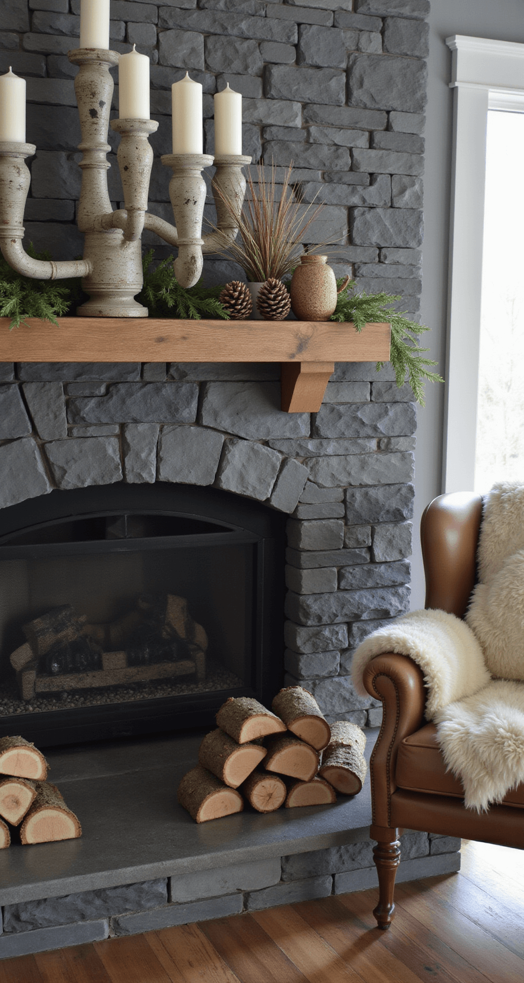 How I Transform My Home for Winter (Without a Single Christmas Ornament in Sight) Cozy winter fireplace scene featuring a slate gray stone surround, stacked birch logs, a large wooden candelabra with white pillar candles, scattered pinecones, dried grass, evergreen sprigs, and a soft sheepskin throw on an armchair, all illuminated by low, intimate lighting.