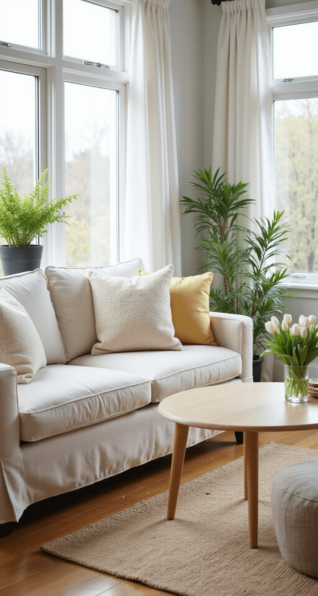 Spring Home Decor: My Guide to Refreshing Your Space Without Breaking the Bank A bright living room with sheer white curtains letting in soft morning light, featuring an ivory linen sofa with yellow and cream pillows, a light wooden coffee table with a glass vase of white tulips, hardwood floors with a jute rug, and potted ferns by the windows.