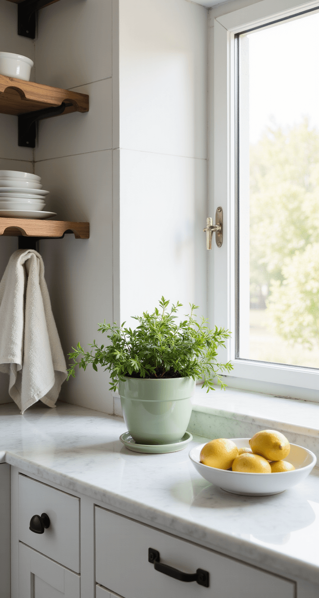 Spring Home Decor: My Guide to Refreshing Your Space Without Breaking the Bank A modern kitchen featuring white marble countertops, a sage green herb planter on a sunlit windowsill, a bowl of fresh lemons, casually draped linen dish towels, and open shelving with white ceramics and natural wood accents, all conveying a clean and refreshing spring morning atmosphere.