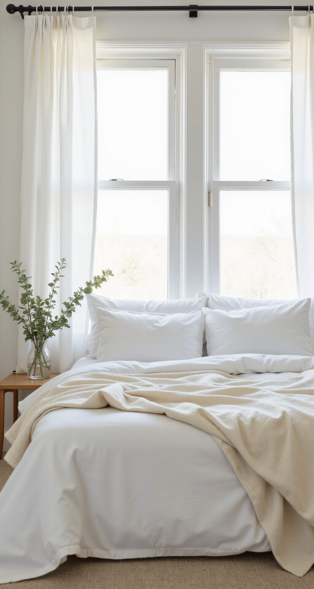 Spring Home Decor: My Guide to Refreshing Your Space Without Breaking the Bank A serene bedroom with all-white cotton bedding, a cream quilt at the foot, sheer curtains billowing by large windows, a wooden nightstand with a glass vase of eucalyptus, and soft morning light.