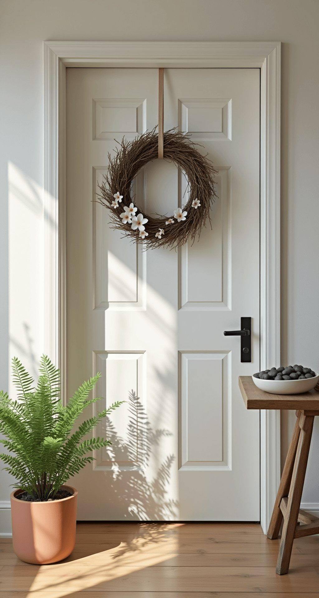 Spring Home Decor: My Guide to Refreshing Your Space Without Breaking the Bank An inviting entryway featuring a white-painted door adorned with a natural grapevine wreath and subtle white blooms, a slim console table with a ceramic bowl of river stones, a potted fern in a terracotta planter, and dappled morning sunlight casting soft shadows on light hardwood floors.