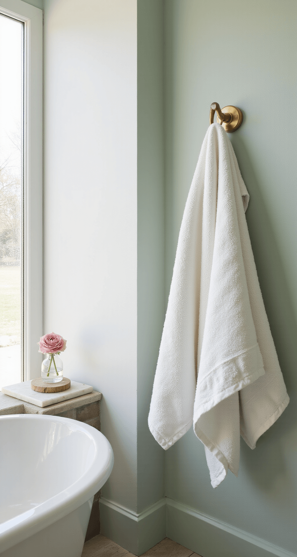 Spring Home Decor: My Guide to Refreshing Your Space Without Breaking the Bank A serene bathroom with white towels on a brass towel rack, a marble tray with a pink ranunculus, light through frosted glass, pale sage green walls, and natural stone accents for a spa-like spring ambiance.
