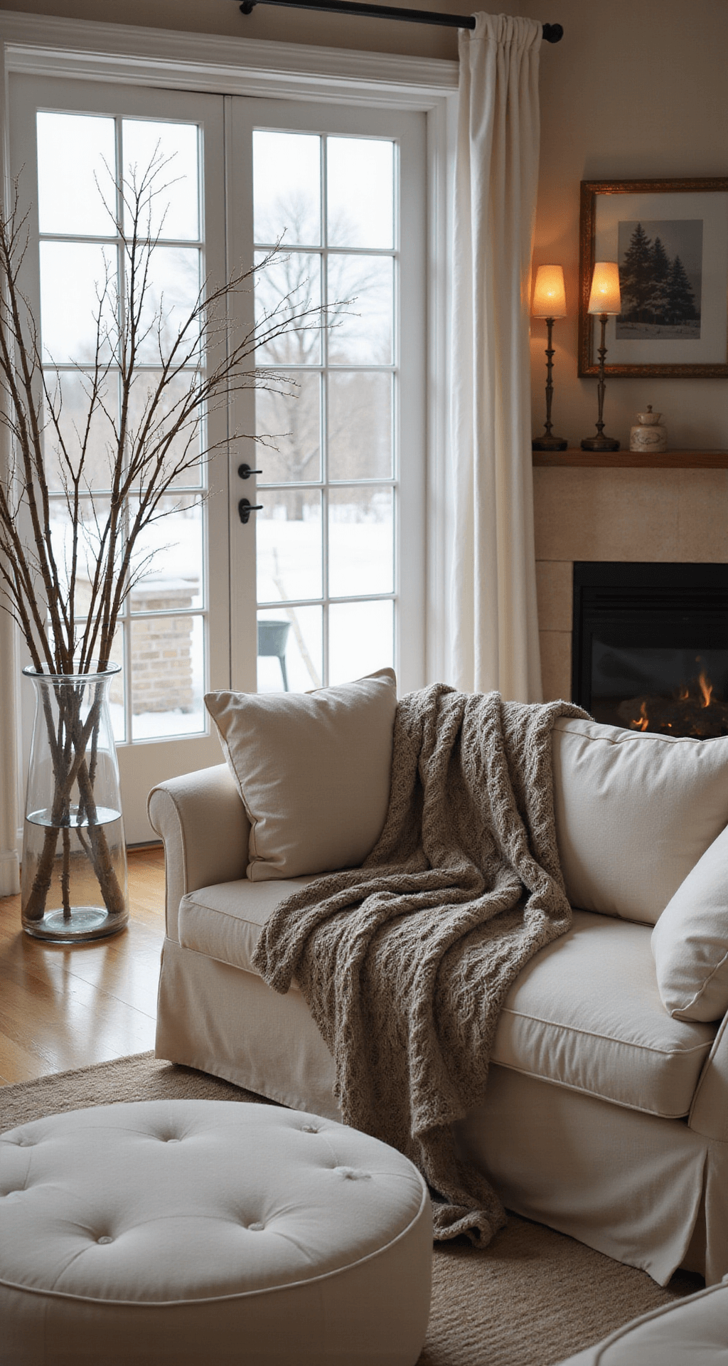 Winter Decorating Ideas That'll Make Your Home Feel Like a Cozy Snow Globe (Without the Christmas Overload) A cozy winter living room at dusk featuring a cream linen sofa with a taupe cable knit throw, warm birchwood fireplace, and a large glass vase with white birch branches, surrounded by a cream wool area rug and warm amber table lamps. A snowy landscape is softly blurred outside the French doors.