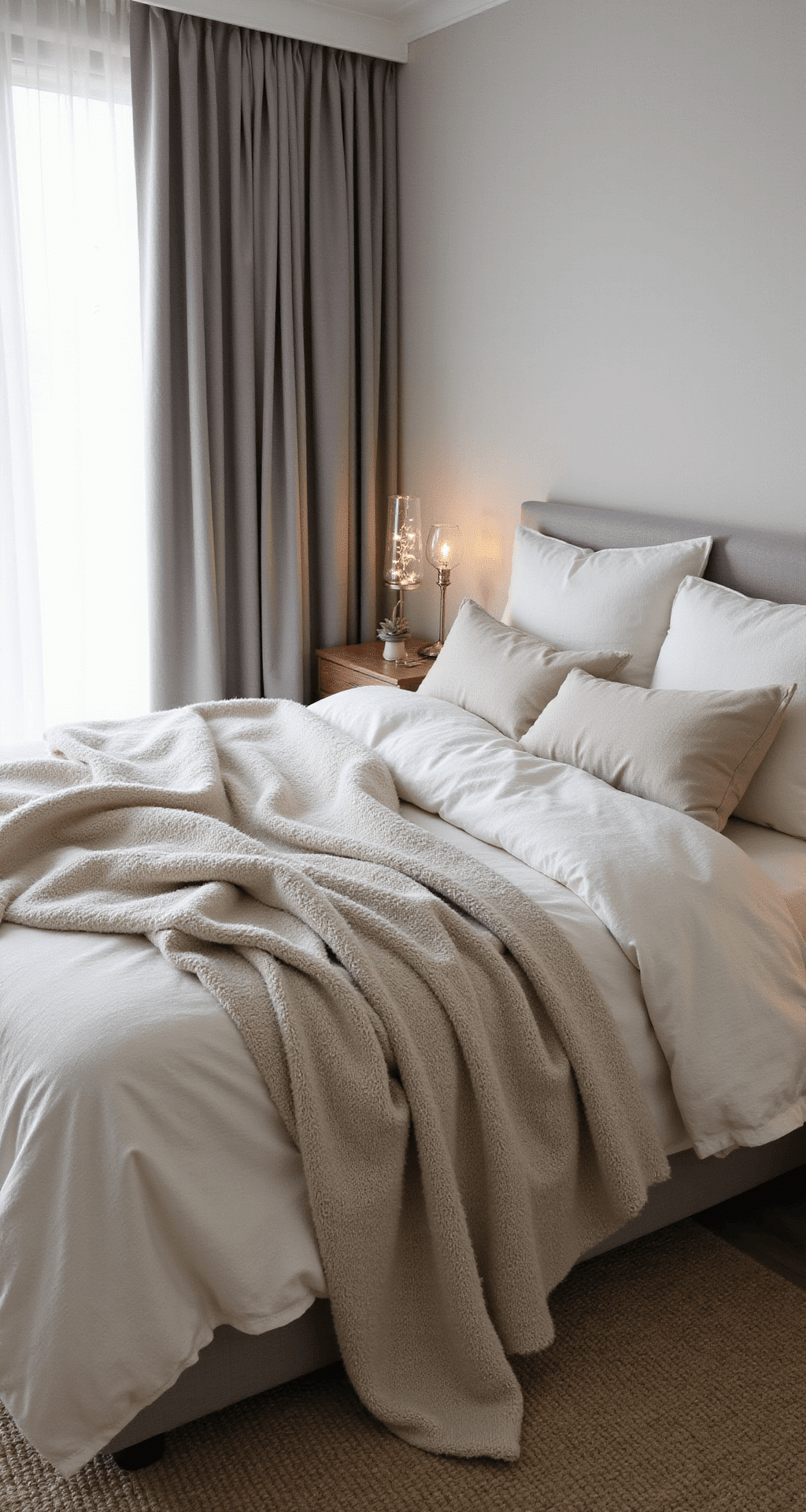 Winter Decorating Ideas That'll Make Your Home Feel Like a Cozy Snow Globe (Without the Christmas Overload) A minimalist bedroom featuring a large cream linen duvet, layered greige and ivory throws, and soft flannel sheets. A wool throw drapes over the bed's edge, while bedside tables are adorned with fairy lights in glass vases. Blackout curtains in soft gray allow gentle morning light to filter in, highlighting the cozy textures of the space.