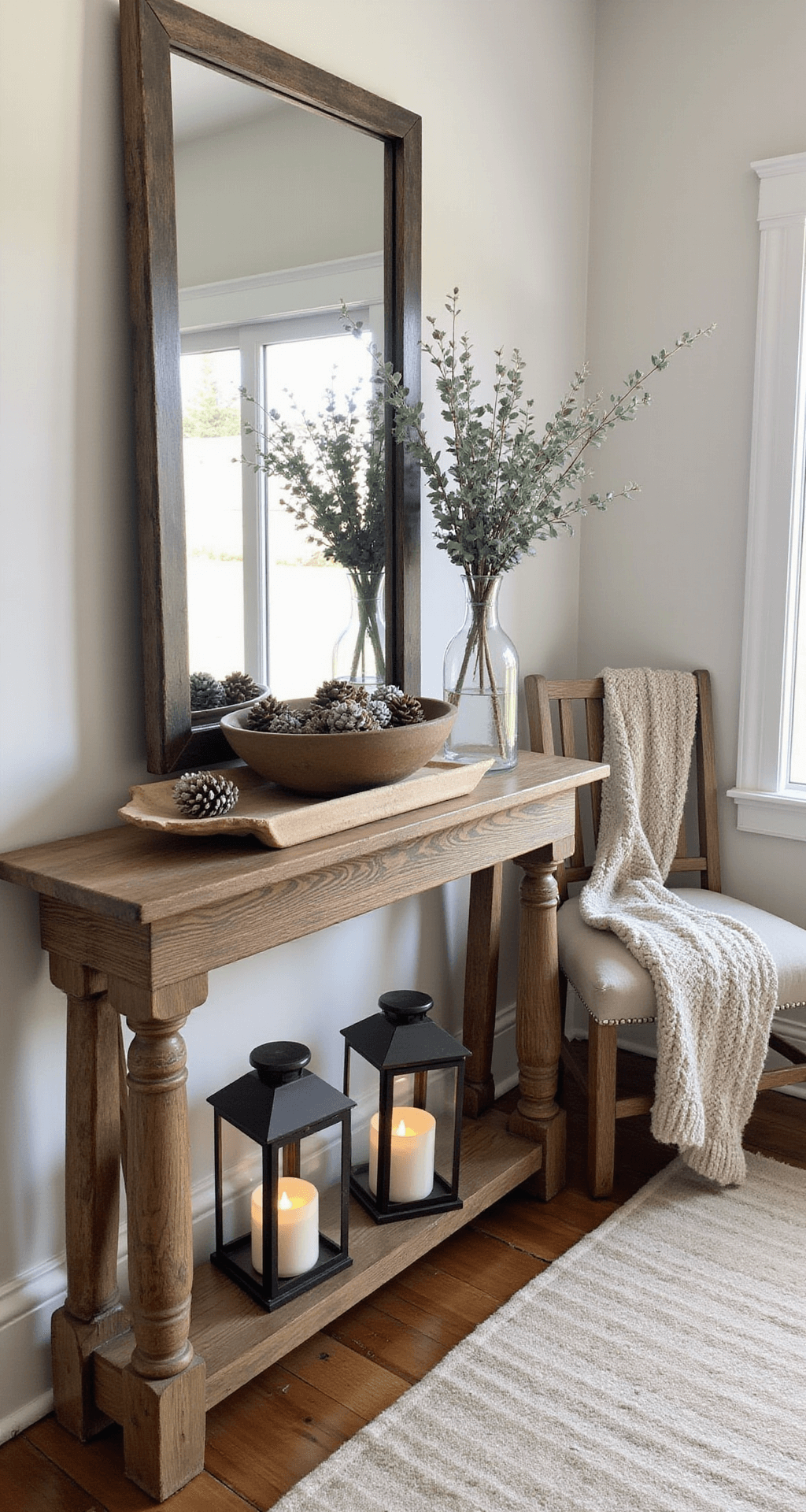 Winter Decorating Ideas That'll Make Your Home Feel Like a Cozy Snow Globe (Without the Christmas Overload) Rustic farmhouse entryway featuring a wooden console table, large weathered bronze-framed mirror, vintage dough bowl with pinecones and faux eucalyptus in a glass vase, a chunky knit throw on a chair, and a soft wool runner, all illuminated by warm battery-operated lanterns in soft winter afternoon light.