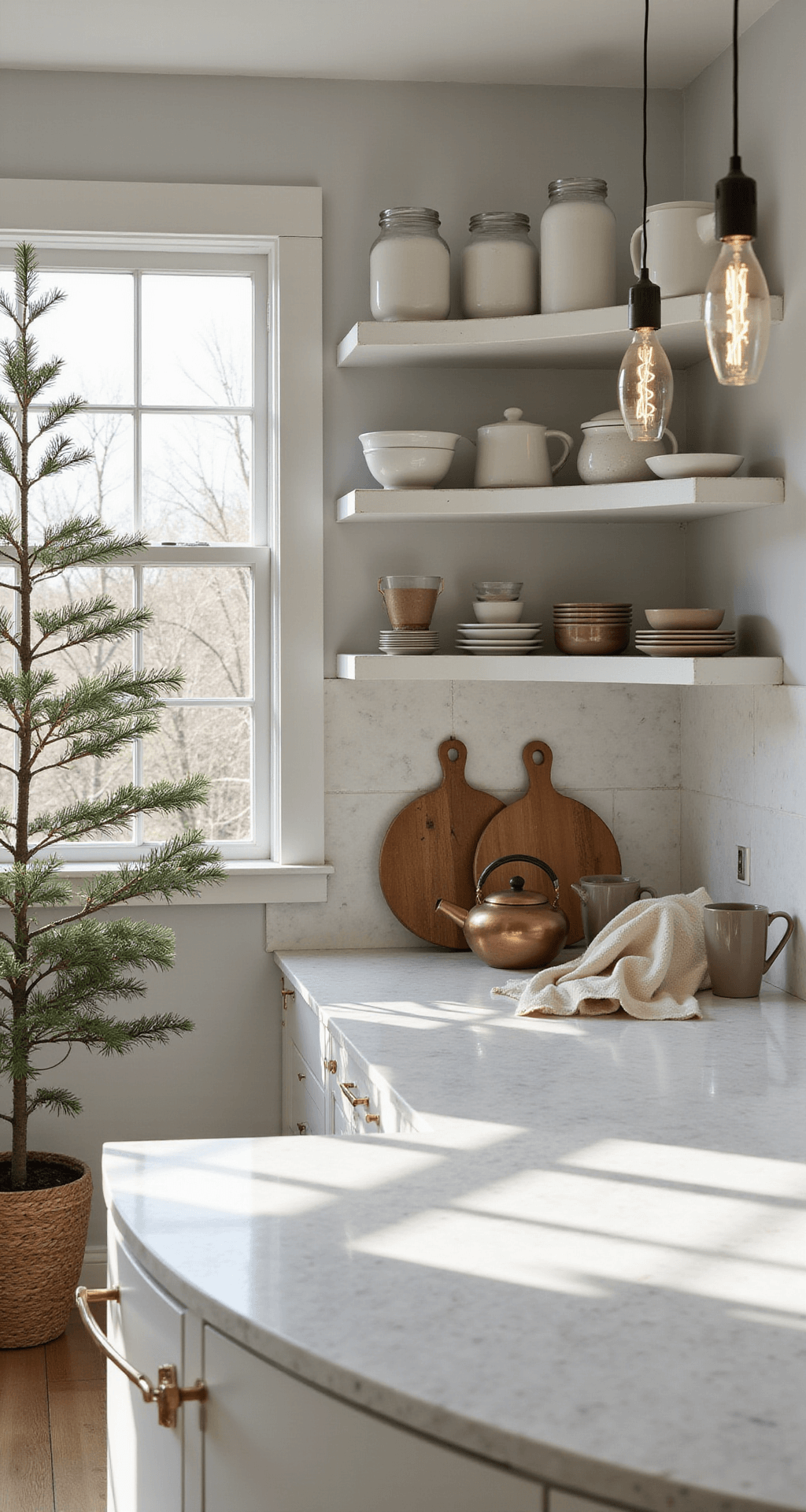 Winter Decorating Ideas That'll Make Your Home Feel Like a Cozy Snow Globe (Without the Christmas Overload) A modern kitchen featuring marble countertops, open shelving with white ceramics and glass jars, a faux olive tree in the corner, and natural wood cutting boards. Soft cream linen dish towels, a copper tea kettle, and warm taupe ceramic mugs are displayed. Pendant lights cast gentle shadows as late afternoon winter light filters through the windows, highlighting the clean lines and textures.