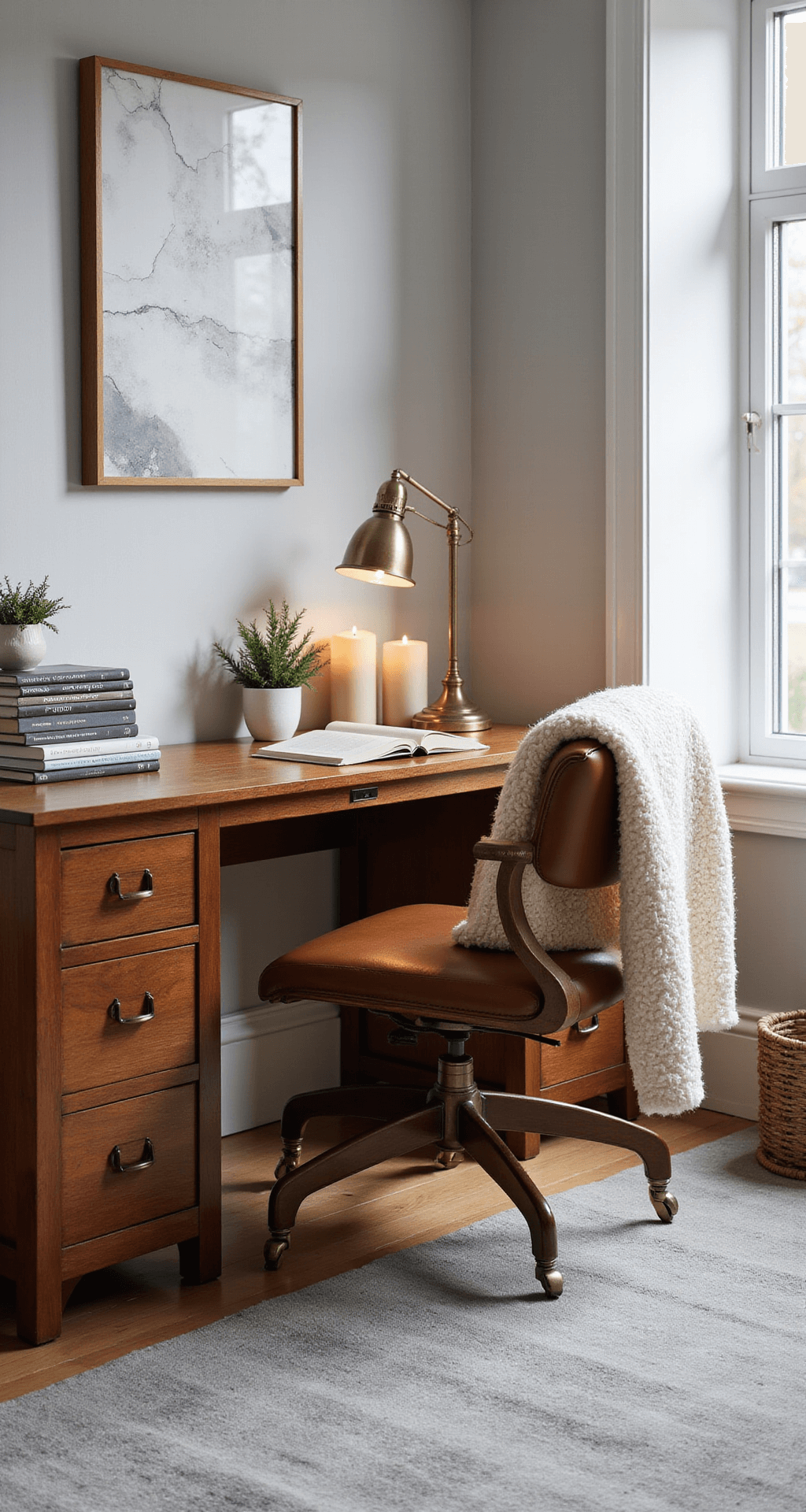 Winter Decorating Ideas That'll Make Your Home Feel Like a Cozy Snow Globe (Without the Christmas Overload) Cozy home office featuring a large wooden desk, leather chair with a cream wool throw, vintage brass desk lamp, and winter-themed coffee table books, enhanced by a small potted evergreen and soft gray rug, illuminated by natural light from a large window and battery-operated candles for a warm ambiance.