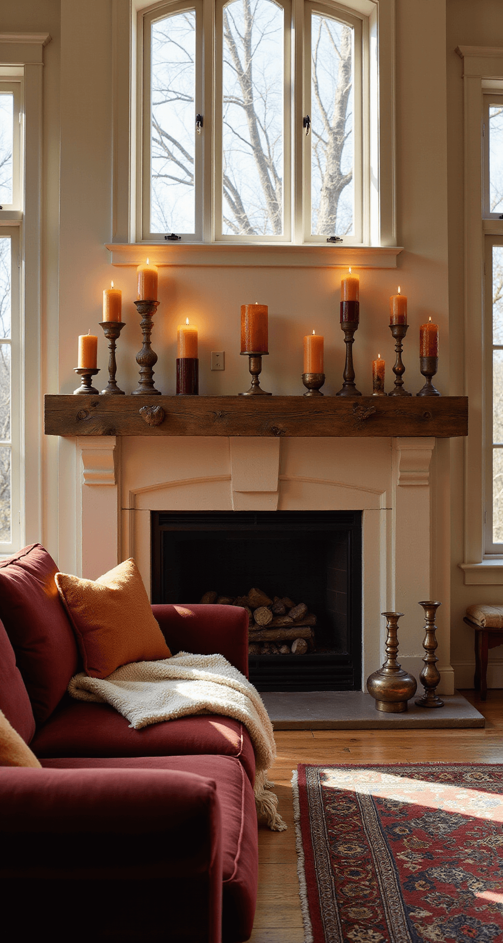 Fall Candle Ideas: Transform Your Home into an Autumn Paradise A cozy living room bathed in golden hour light, featuring a rustic wooden mantel adorned with amber glass candle holders and flickering warm spice-toned candles, complemented by a deep burgundy velvet sofa, burnt orange throw pillows, and aged brass candlesticks, all set against a backdrop of hardwood floors and a richly colored Persian rug.