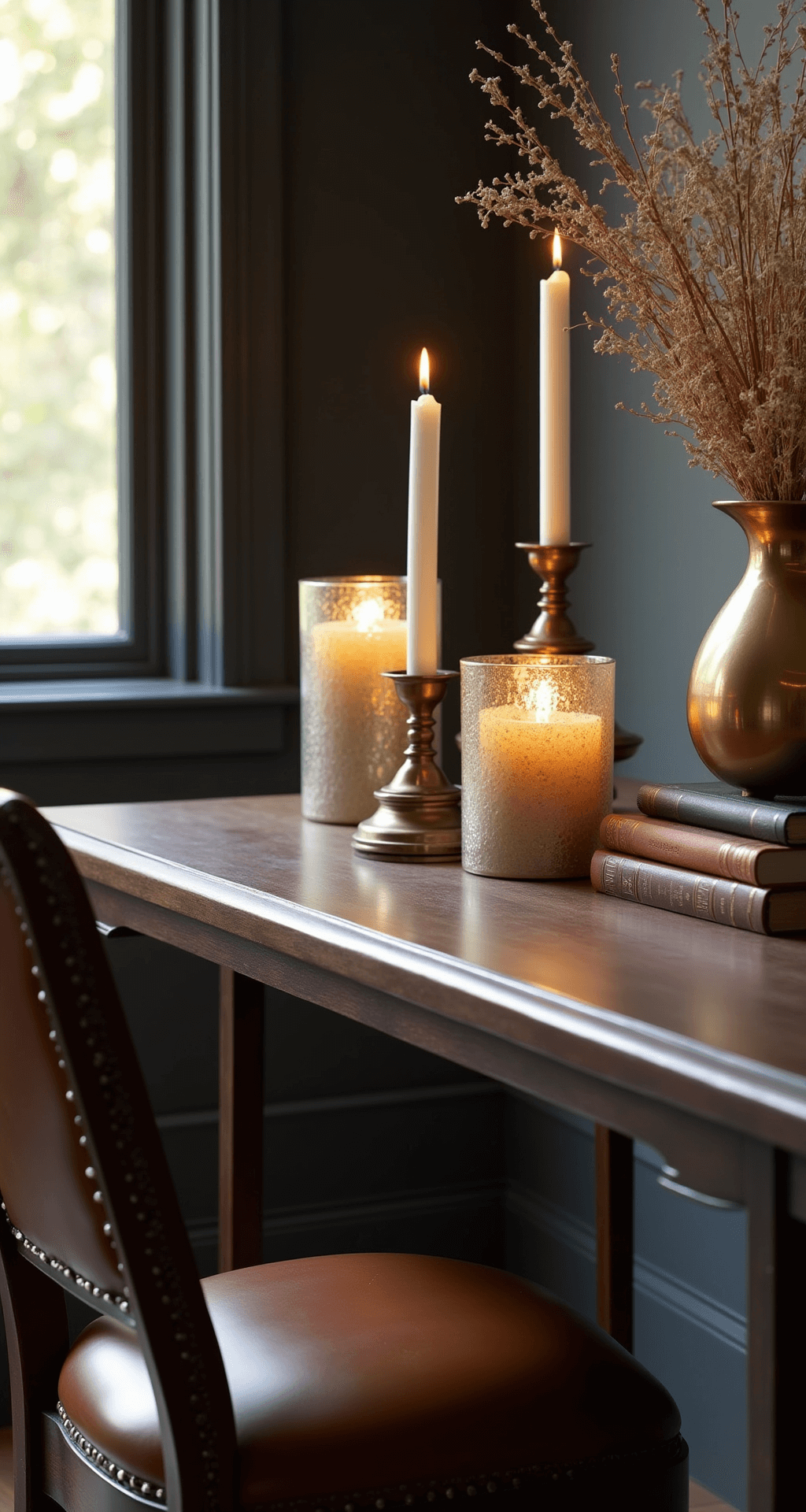 Fall Candle Ideas: Transform Your Home into an Autumn Paradise Elegant dining room console table styled with asymmetrical mercury glass candle holders, woodsy candles, and autumn branches in a brass vase, set against dark walnut furniture and charcoal gray walls, with rich leather chairs visible, illuminated by soft afternoon light.