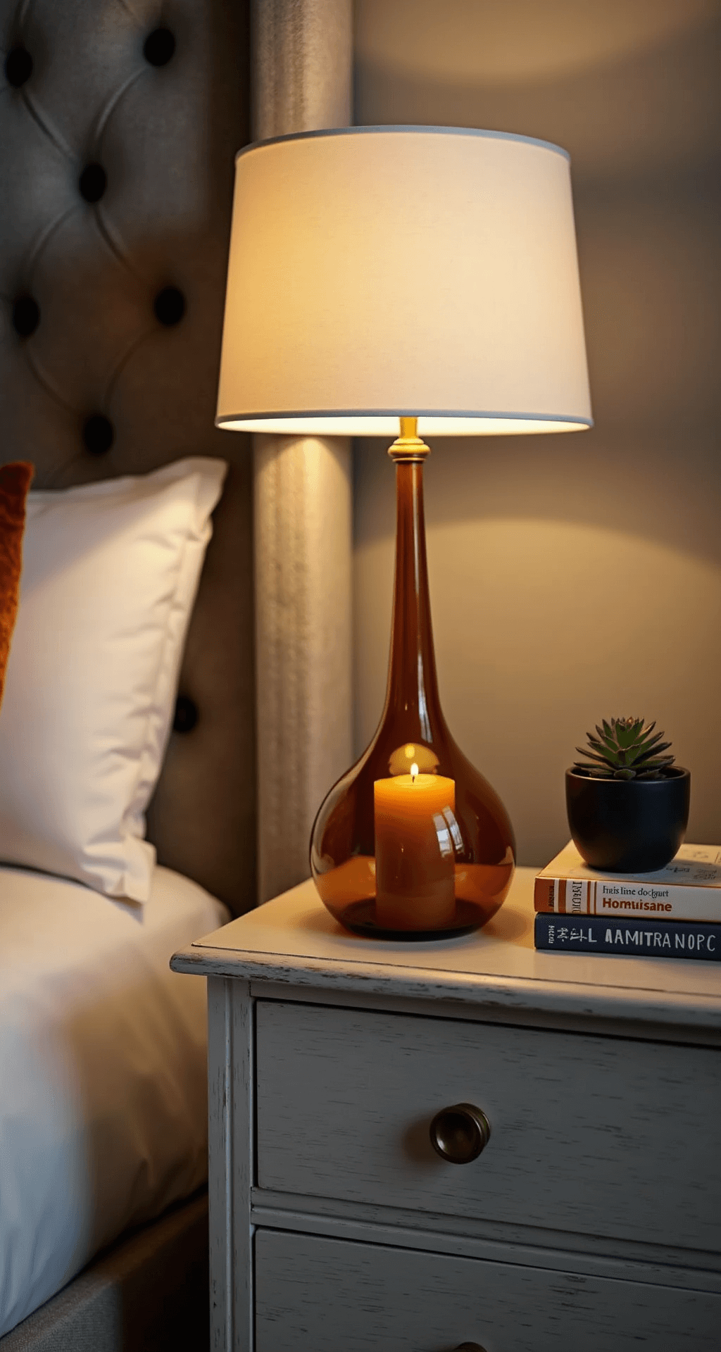 Fall Candle Ideas: Transform Your Home into an Autumn Paradise A cozy bedroom nightstand featuring a statement amber glass candle, an antique brass lamp, a tufted linen headboard, crisp white bedding with a rust-colored pillow, a small succulent plant, and a stack of novels, all illuminated by a soft evening glow.
