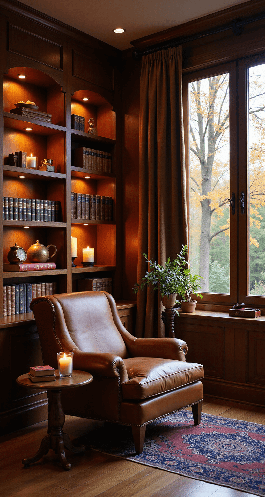 Fall Candle Ideas: Transform Your Home into an Autumn Paradise A cozy home office corner bathed in golden afternoon light, featuring a built-in bookshelf with leather-bound books and candles, mahogany shelving, vintage brass bookends, a cognac leather reading chair, a small side table with a candle, and a Persian rug. The window offers views of an autumn tree, creating a scholarly and sophisticated atmosphere.