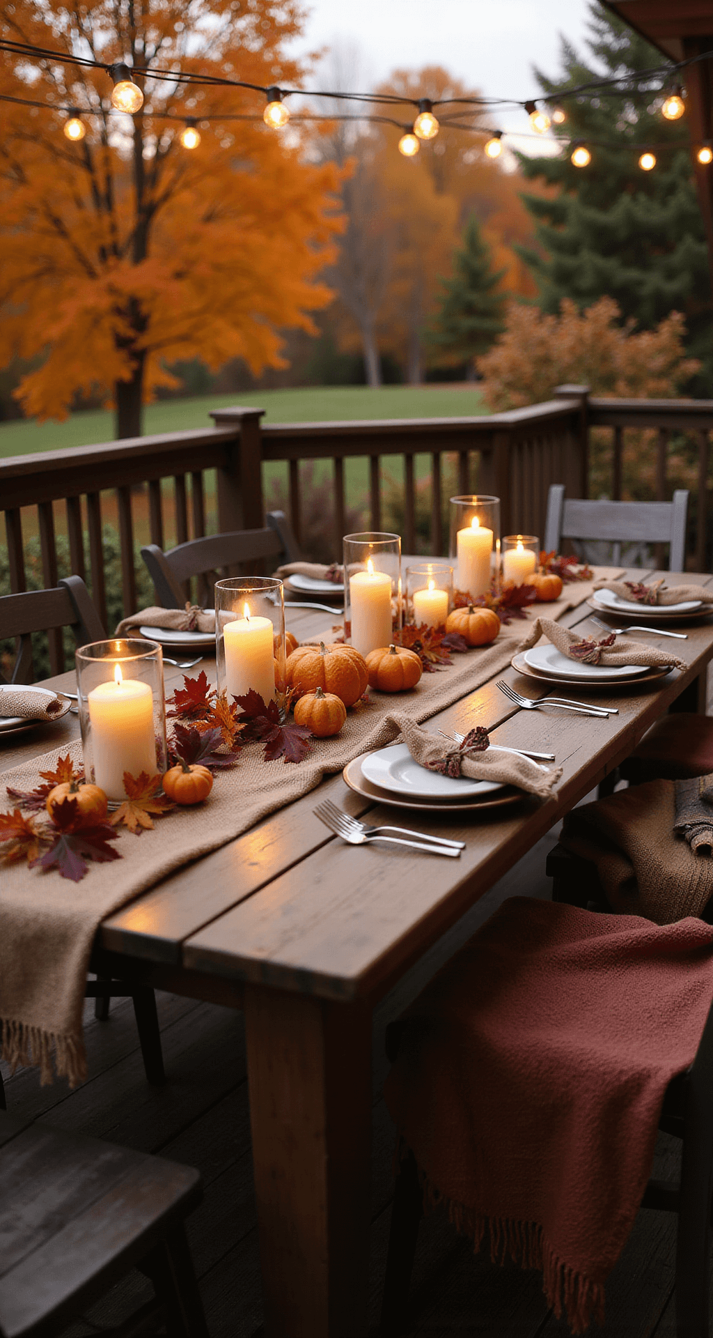 Creating Your Cozy Outdoor Fall Dinner Party: A Warm Autumn Gathering Guide Photorealistic outdoor dining terrace during golden hour featuring a rustic farmhouse table for eight, decorated with a burlap runner, mini pumpkins, and dried maple leaves, surrounded by warm candlelight and cozy blankets, set against a backdrop of autumn trees with vibrant orange foliage.