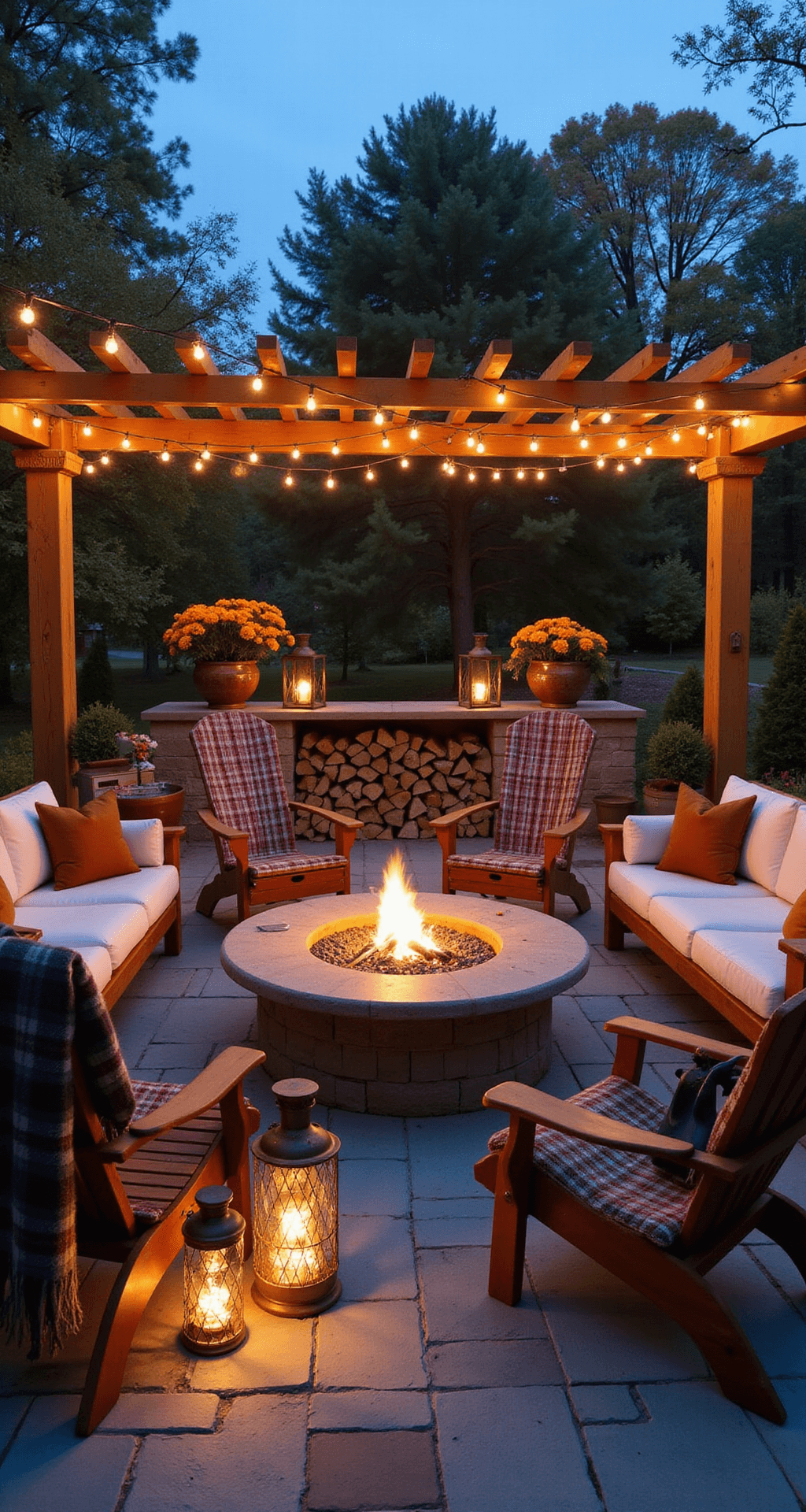 Creating Your Cozy Outdoor Fall Dinner Party: A Warm Autumn Gathering Guide A cozy outdoor living room features a stone patio with sectional seating adorned with plaid wool throws and cognac leather pillows, a central fire pit table with flickering flames, surrounded by Adirondack chairs. Varying heights of lanterns provide ambient lighting, while a pergola draped with warm Edison bulbs adds charm. Autumn mums in copper planters and stacked firewood complete the rustic, inviting scene during blue hour twilight.