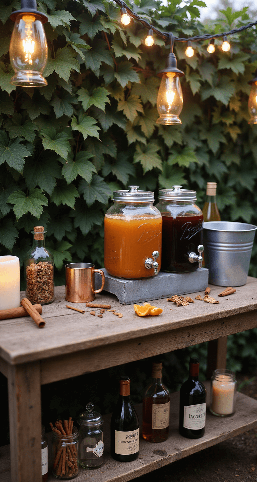 Creating Your Cozy Outdoor Fall Dinner Party: A Warm Autumn Gathering Guide Close-up of an intimate outdoor bar station featuring mason jar drink dispensers with amber cider and burgundy mulled wine, surrounded by copper mugs, vintage glass bottles with herbs, and galvanized metal buckets, all set on a weathered wood console adorned with string lights and pillar candles, against an ivy-covered fence with hanging lanterns, creating a rustic tavern atmosphere.