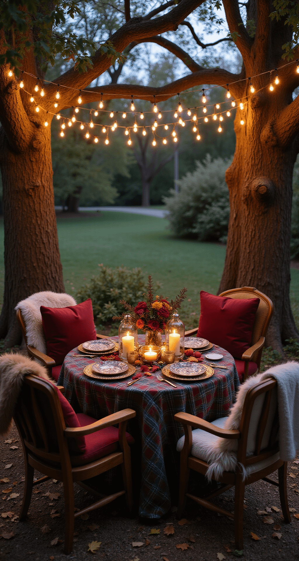 Creating Your Cozy Outdoor Fall Dinner Party: A Warm Autumn Gathering Guide An intimate dining nook in a magical garden, featuring a round table for four under a fairy light canopy, surrounded by mature oak trees, layered with plaid and faux fur textiles, jewel-toned cushions, hurricane lanterns, floating candles, and scattered autumn leaves, all captured in dreamy twilight lighting.