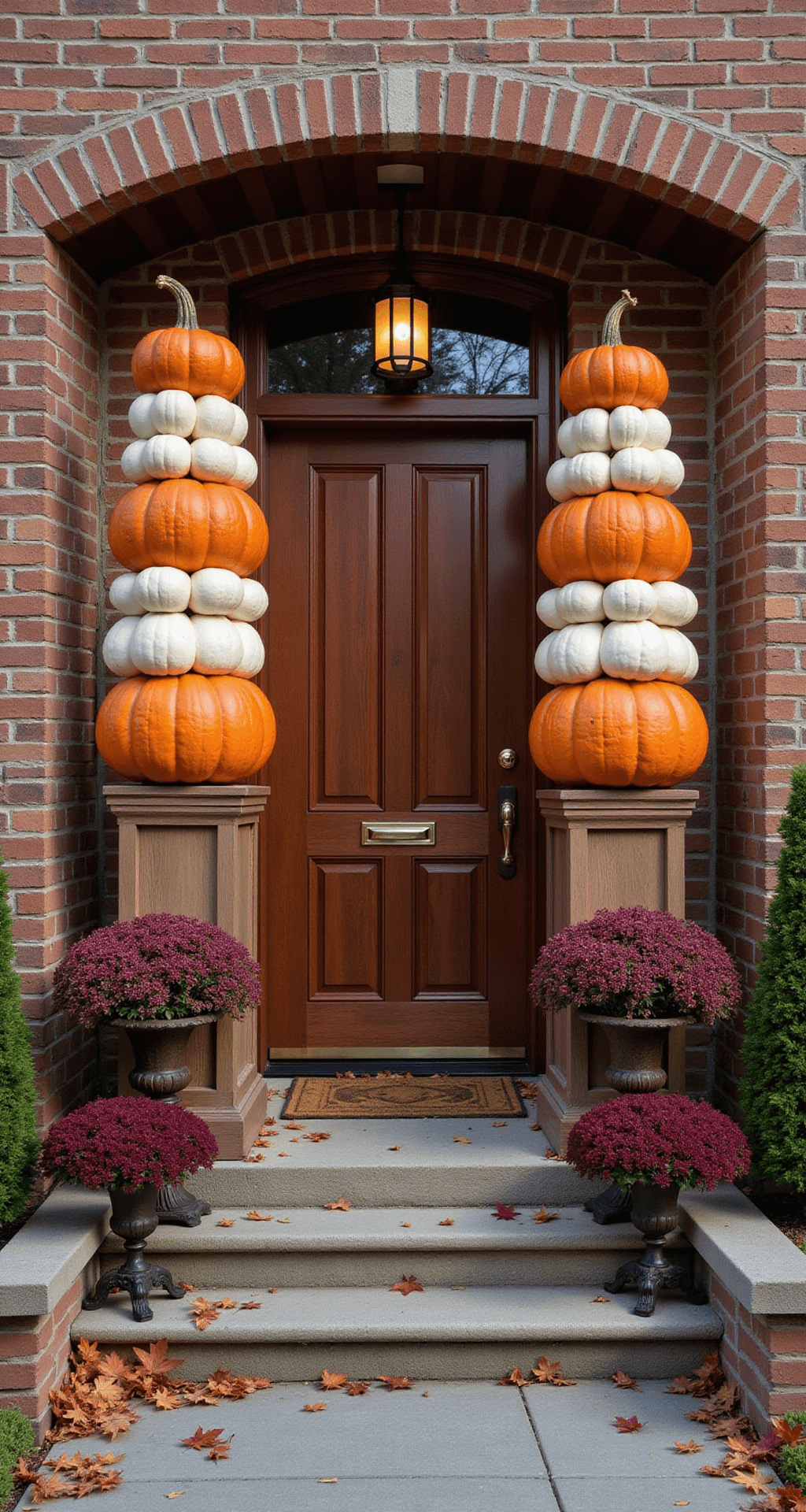 Large Outdoor Fall Decorations: Make Your Yard the Neighborhood Showstopper Cinematic view of an elaborate front entrance with twin pumpkin topiaries flanking a rich mahogany door, illuminated by soft morning light, featuring a warm brick facade, polished brass hardware, and cascading burgundy mums, accented by scattered maple leaves on stone steps.