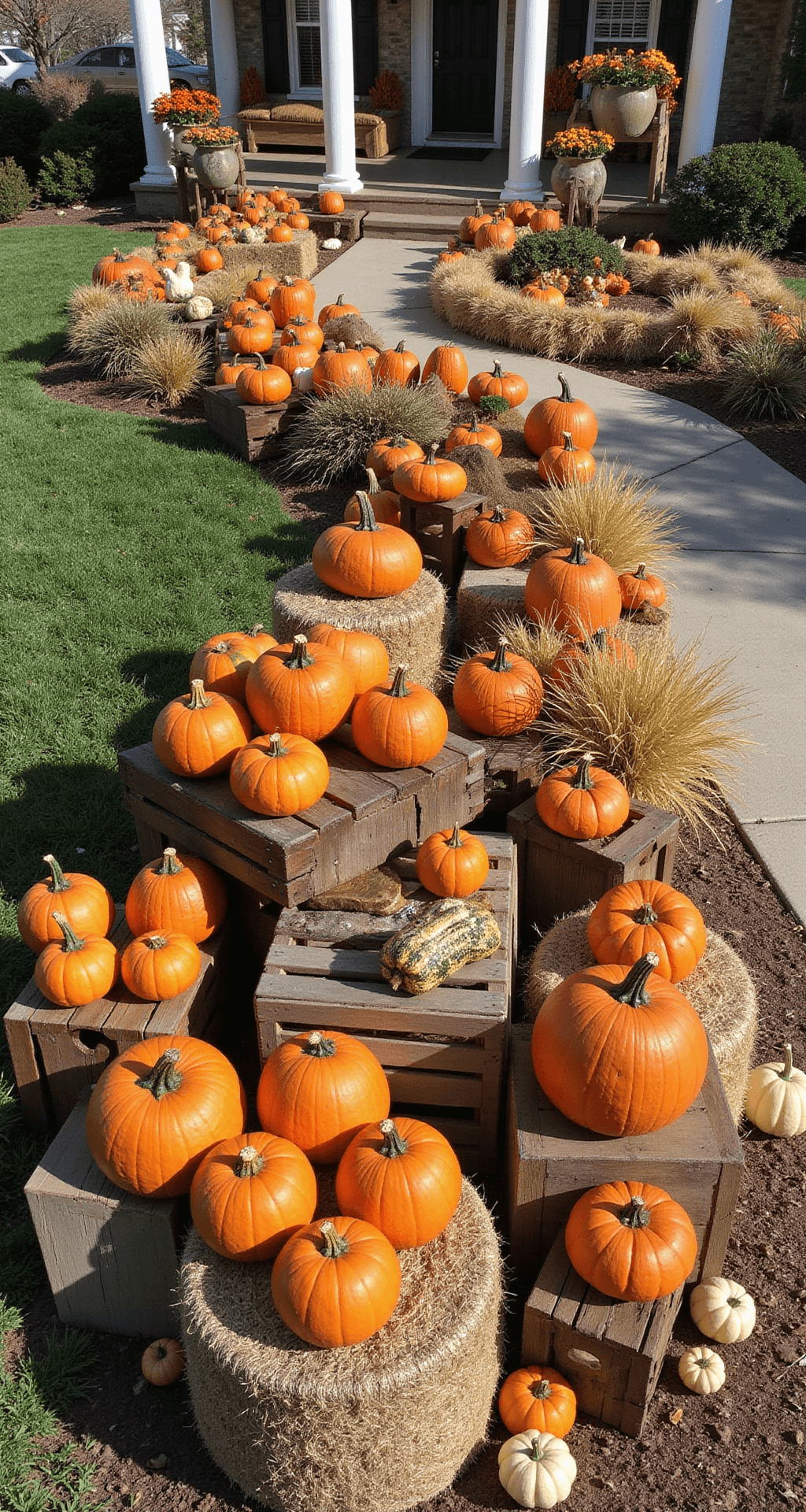 Large Outdoor Fall Decorations: Make Your Yard the Neighborhood Showstopper Overhead view of a front yard harvest display with wooden crates, hay bales, and plant stands arranged in layers, featuring clusters of pumpkins, gourds, and ornamental corn amidst golden grasses, all illuminated by afternoon sunlight.