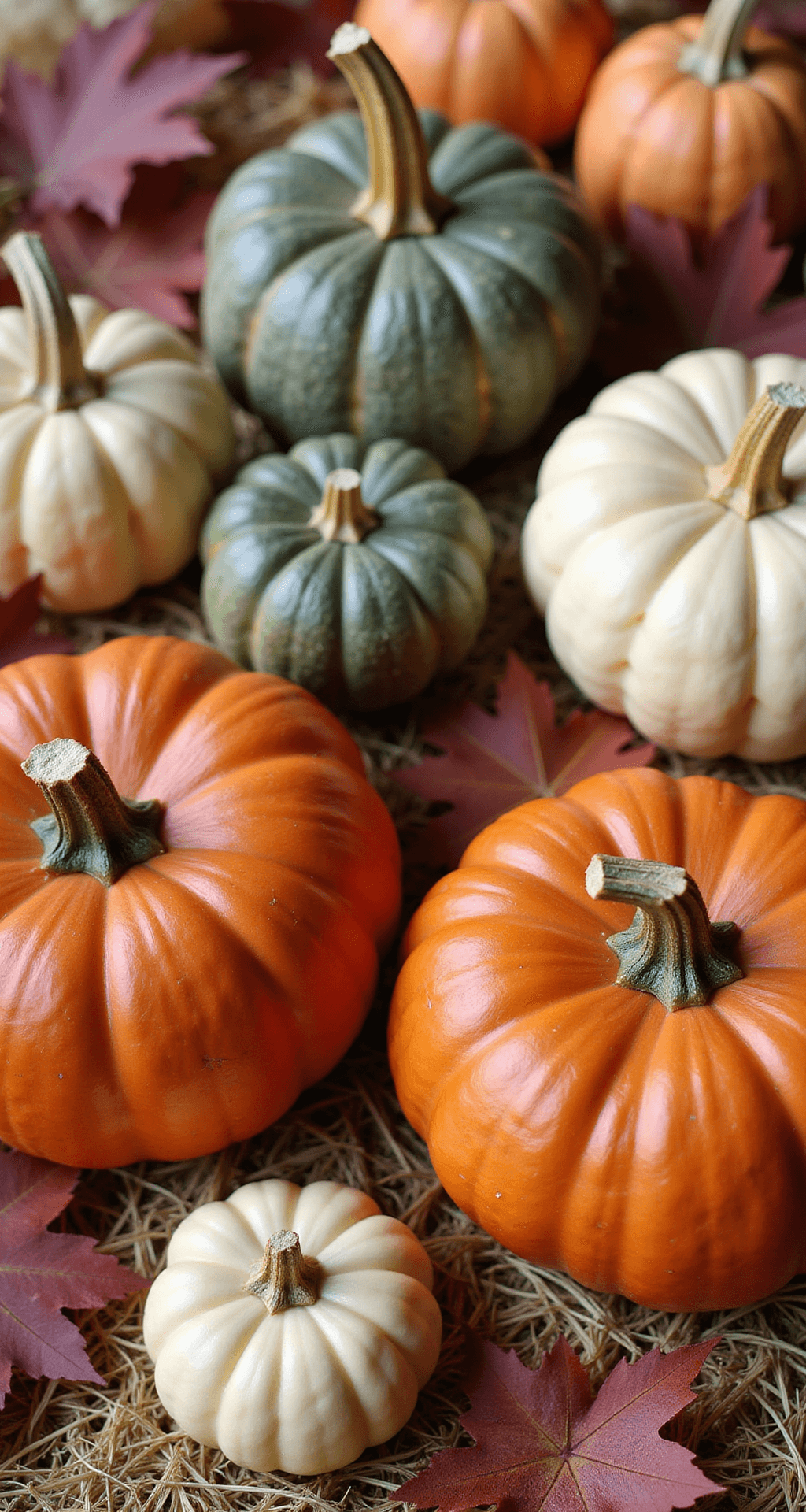 Large Outdoor Fall Decorations: Make Your Yard the Neighborhood Showstopper Close-up of burnt orange pumpkins, sage green gourds, and cream mini pumpkins arranged on golden straw, adorned with burgundy and copper-toned leaves, highlighting their textures and colors in soft natural lighting.