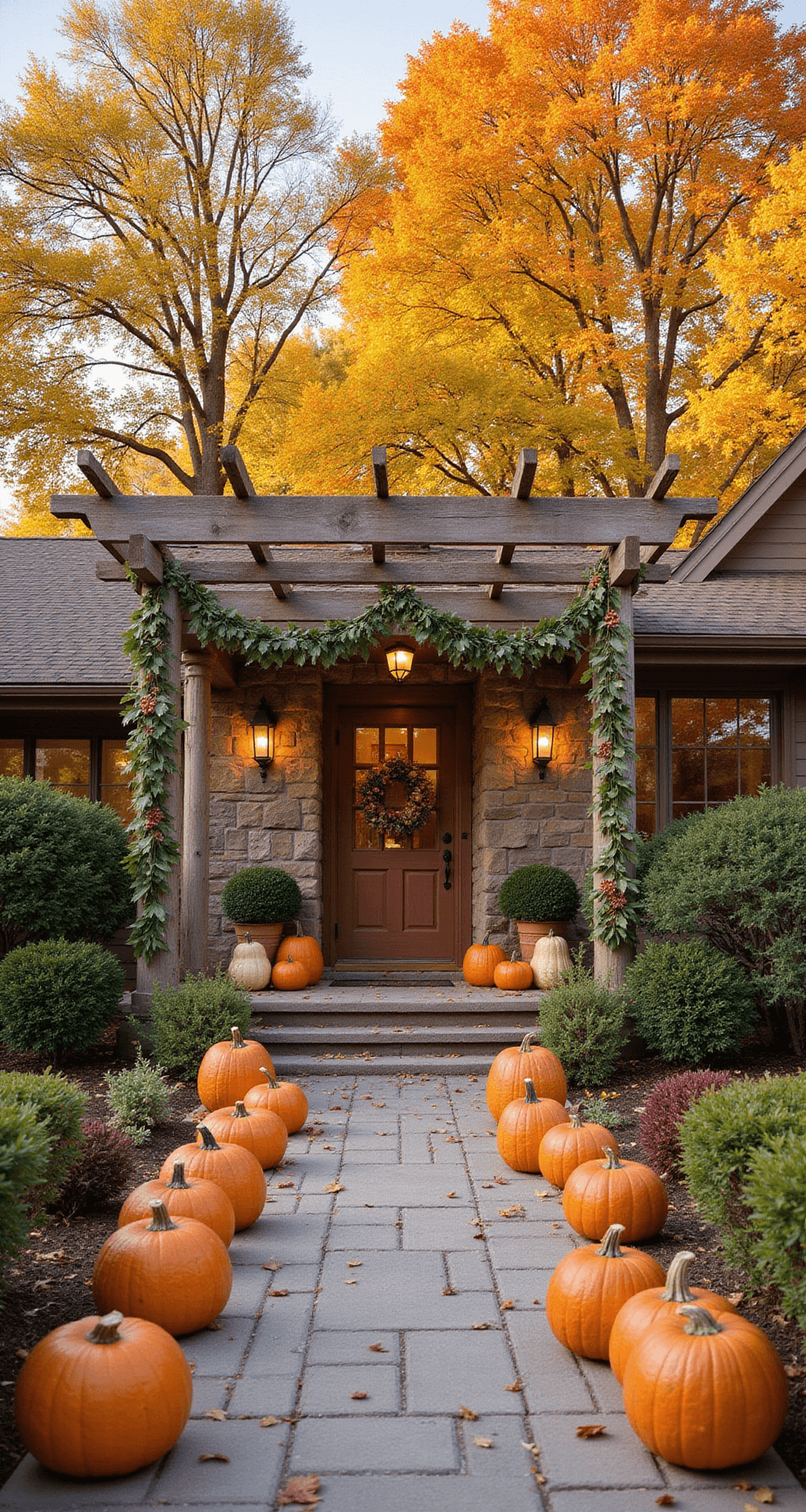 Large Outdoor Fall Decorations: Make Your Yard the Neighborhood Showstopper A beautifully decorated outdoor landscape featuring rustic wooden arbors draped with autumn garlands, a walkway lined with pumpkins, and a dramatic front door display, set against a backdrop of mature trees displaying vibrant fall foliage in warm golden hour lighting.