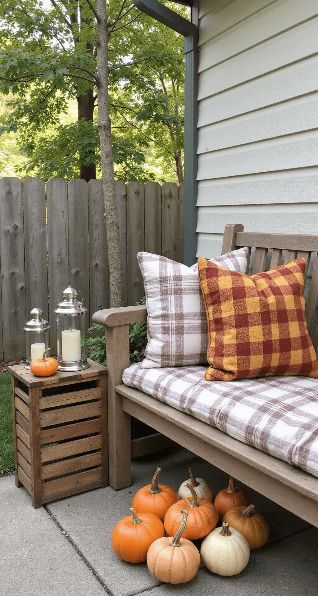 Large Outdoor Fall Decorations: Make Your Yard the Neighborhood Showstopper Intimate outdoor seating area adorned for fall, featuring a weathered wooden bench with rust and gold plaid throw pillows, clusters of pumpkins and gourds at the base, a rustic side table with lanterns and decorative squash, all under dappled afternoon light filtering through autumn leaves.