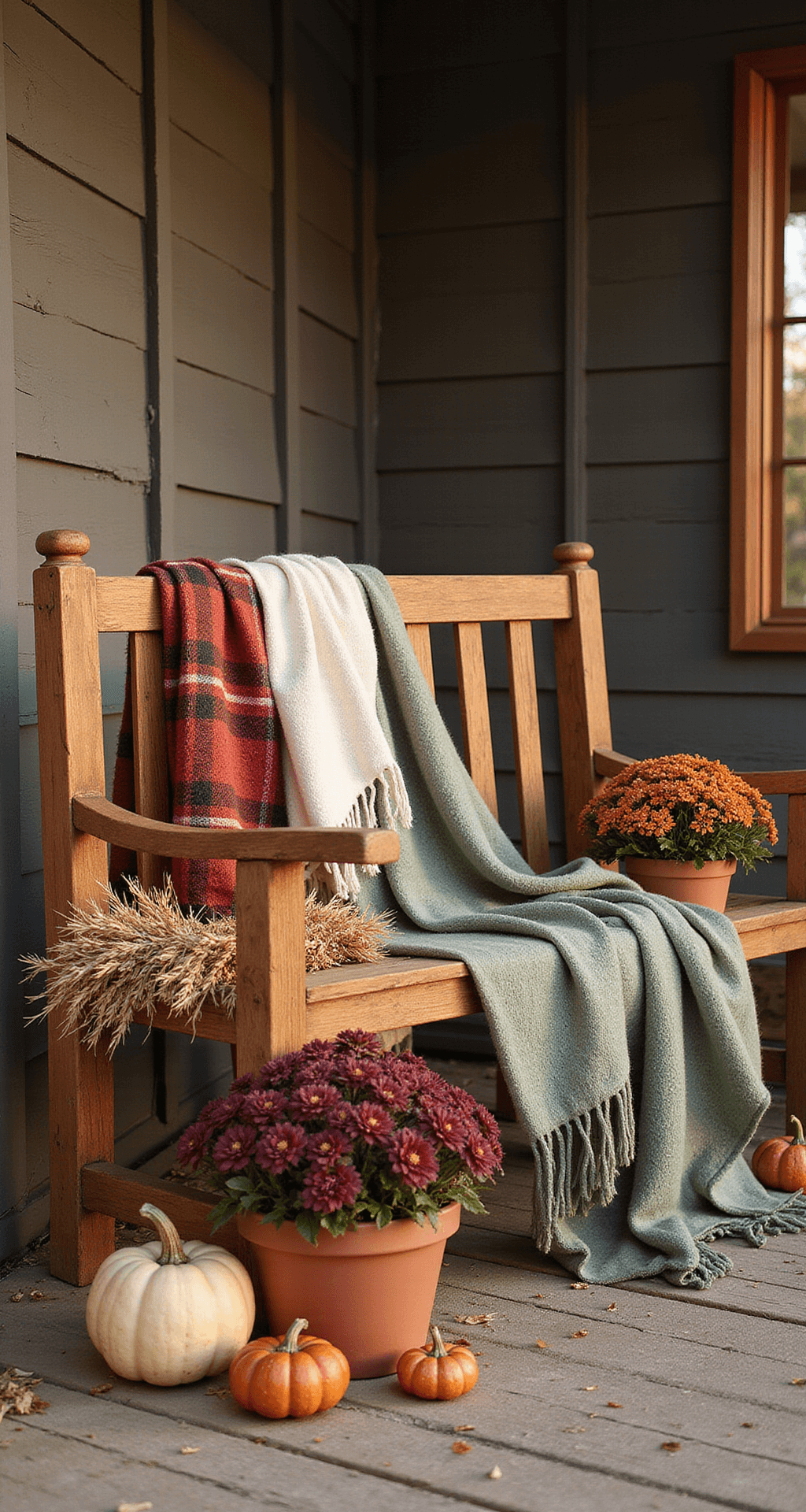 Fall Outdoor Bench Decorating Ideas That'll Make Your Neighbors Stop and Stare Ultra-detailed autumn porch scene featuring a wooden bench with layered plaid wool blankets in rust, cream, and sage green, vintage terracotta pots filled with burgundy mums and ornamental peppers, golden hour lighting, weathered barn wood siding background, and scattered dried wheat bundles and copper mini pumpkins.
