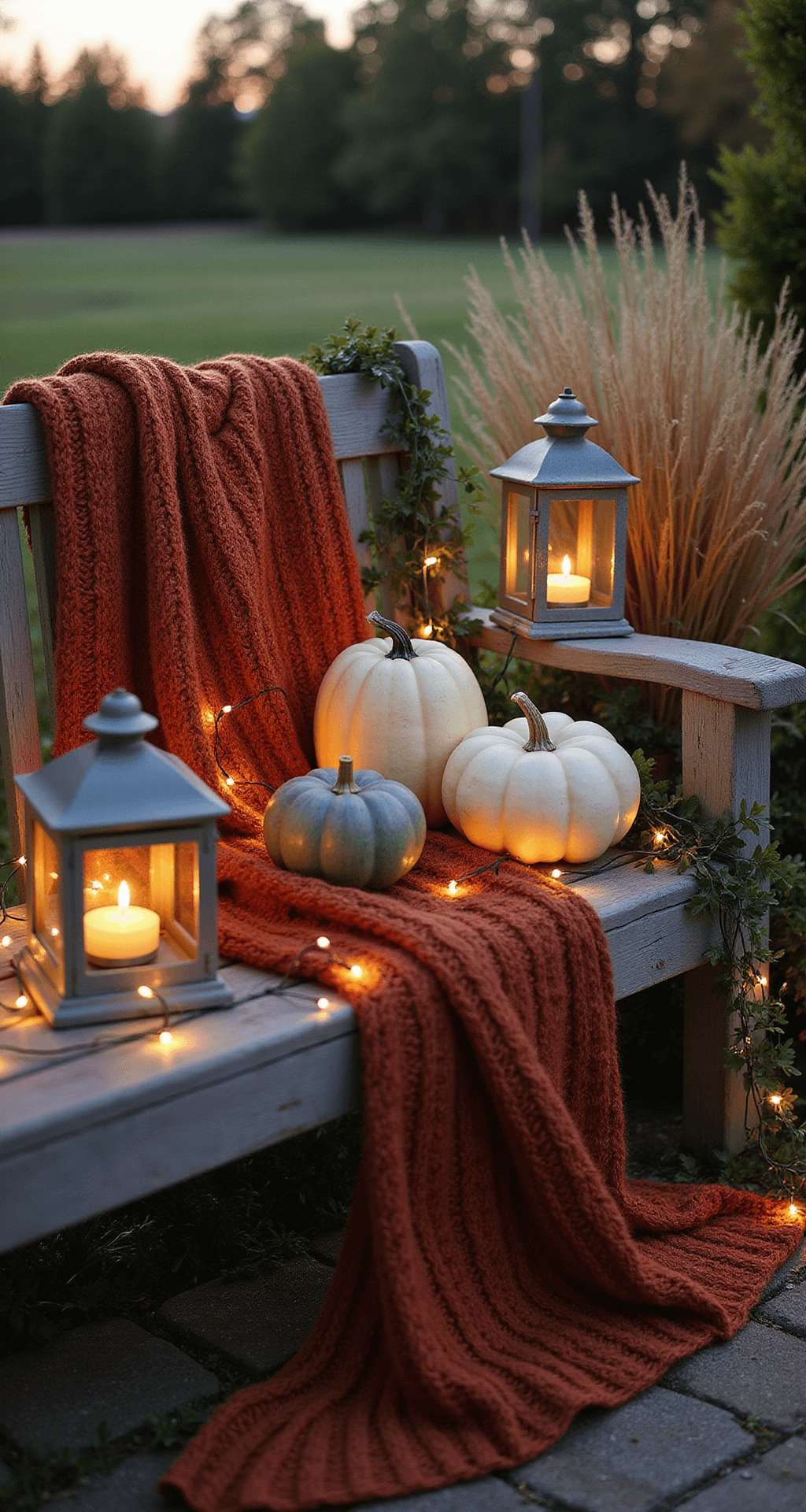 Fall Outdoor Bench Decorating Ideas That'll Make Your Neighbors Stop and Stare Rustic farmhouse outdoor bench at twilight, featuring a weathered gray bench adorned with deep burnt orange chunky knit throws, illuminated by fairy lights. Surrounded by cream, sage green, and deep burgundy pumpkins, mismatched ceramic lanterns with LED candles, trailing ivy, and dried ornamental grass, all set against a soft-focus autumn treeline background.